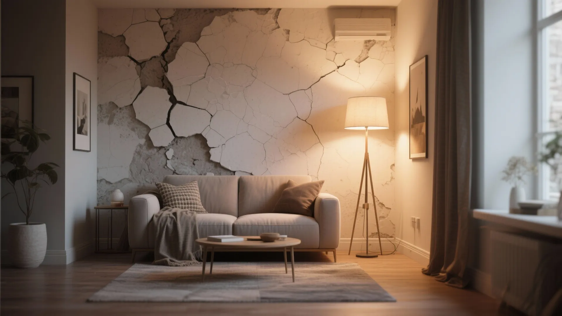 Small living room with a sofa and floor lamp arranged to soften shadows on a cracked wall.