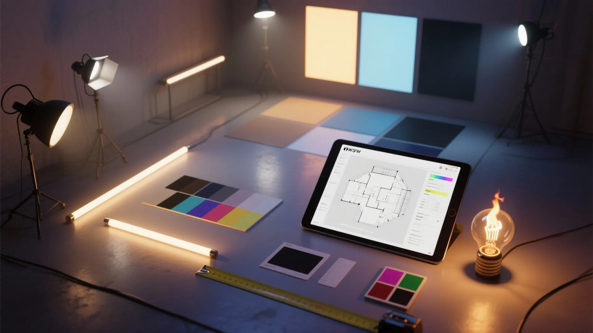Tablet displaying room layout design surrounded by floor light tubes and colorful interior design samples
