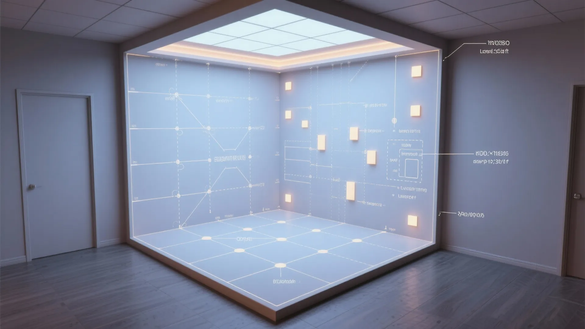 Top-down visual diagram of recessed lighting layout options with spacing and lumens annotations