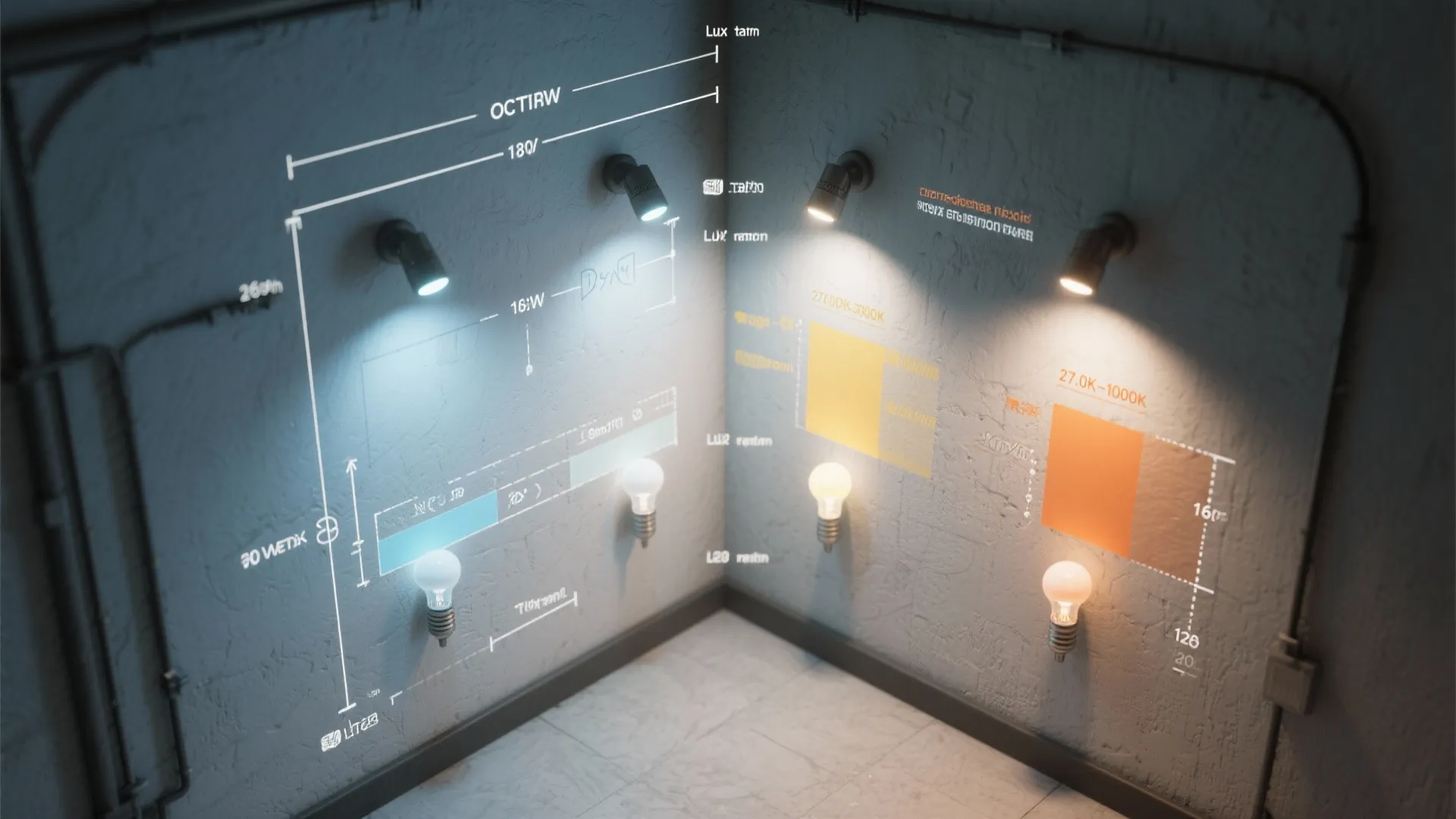 Technical diagram showing different light bulb temperatures and wall light brightness levels in a corner room