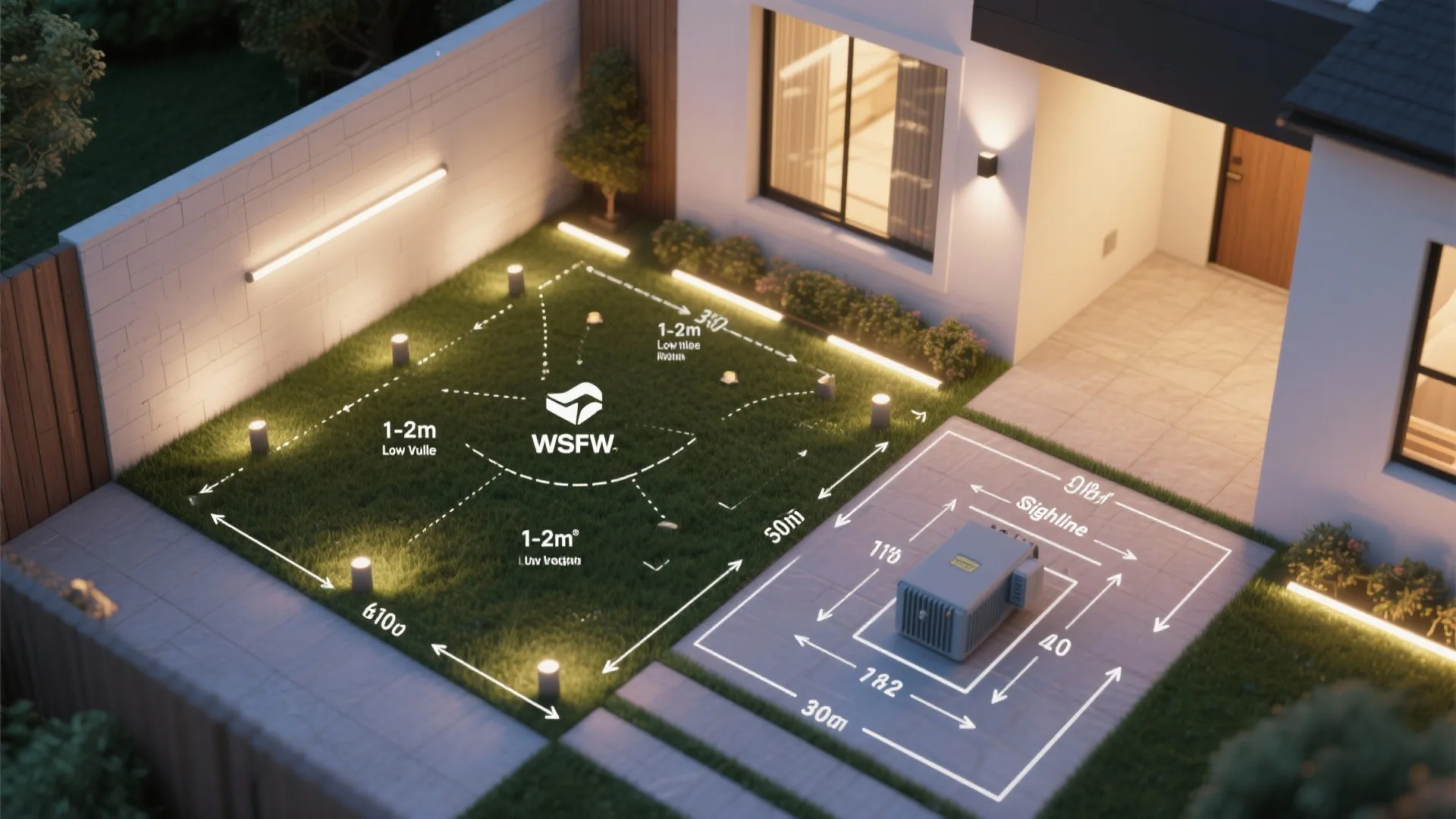 Diagram showing garden lighting layout with measurements on grass next to a modern white house