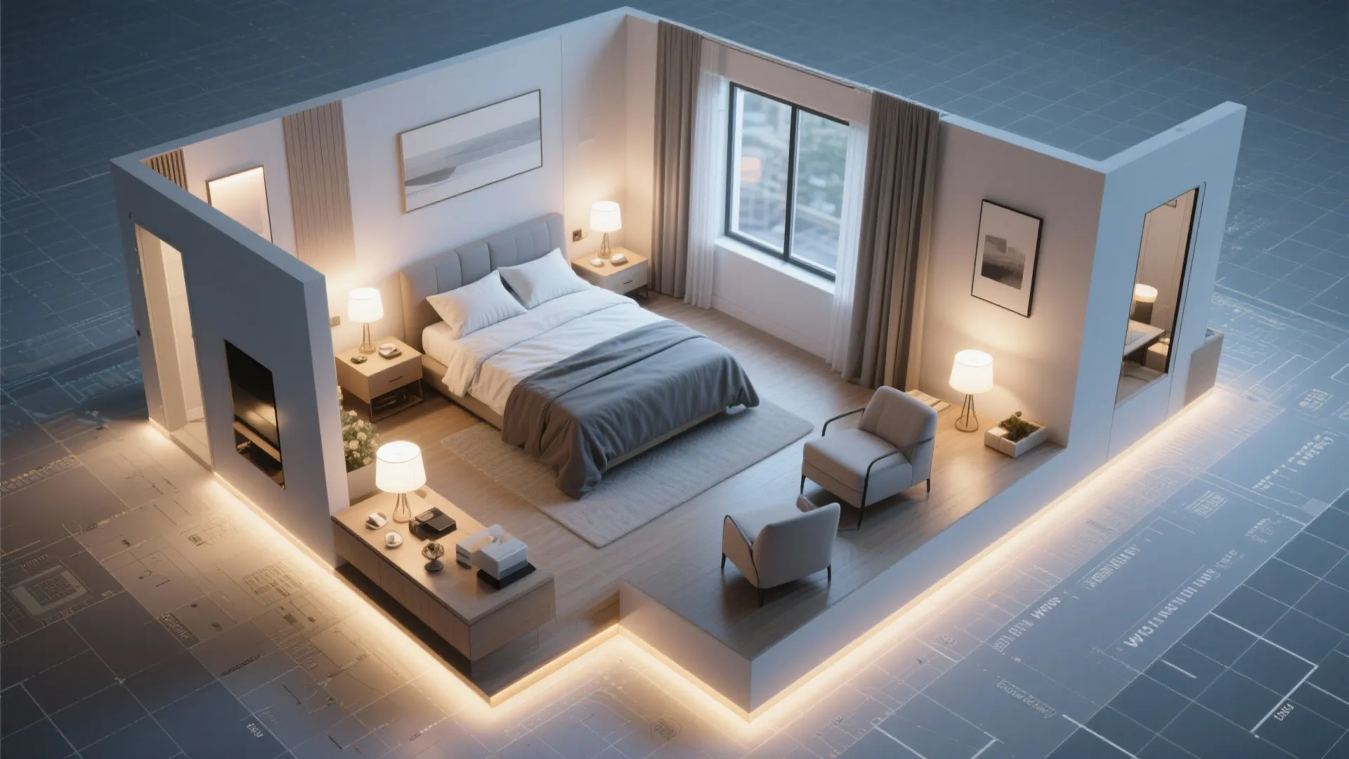 Interior design drawing showing a 3D bedroom model with many warm floor and table lamps