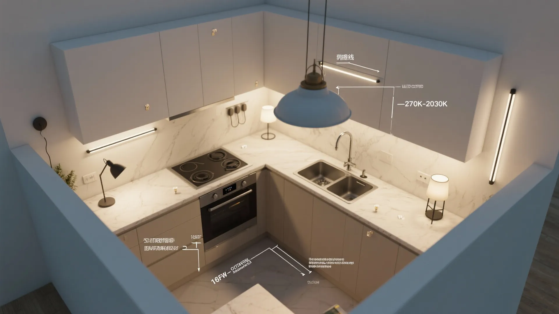 Top-down layout plan showing scaled lighting placements and notes for a small kitchen using Ballard-inspired fixtures.