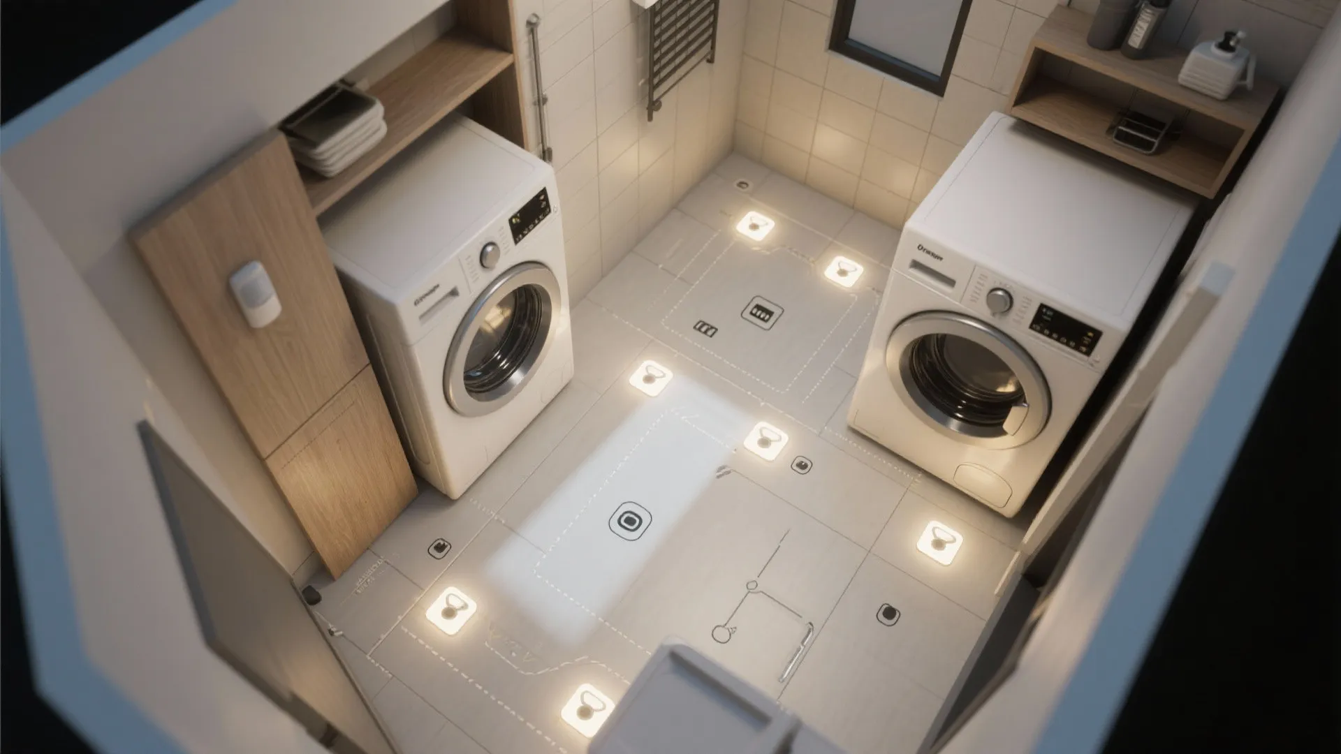 Interior design drawing showing laundry room layout with washing machine and floor lighting plan icons