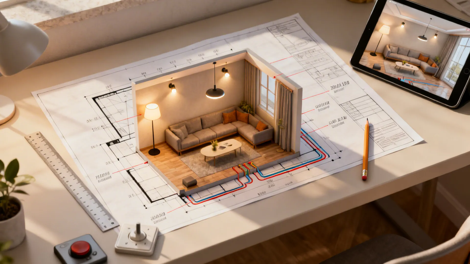 Top-down planning layout showing wall light positions, dimmers, and wiring for a small living room.