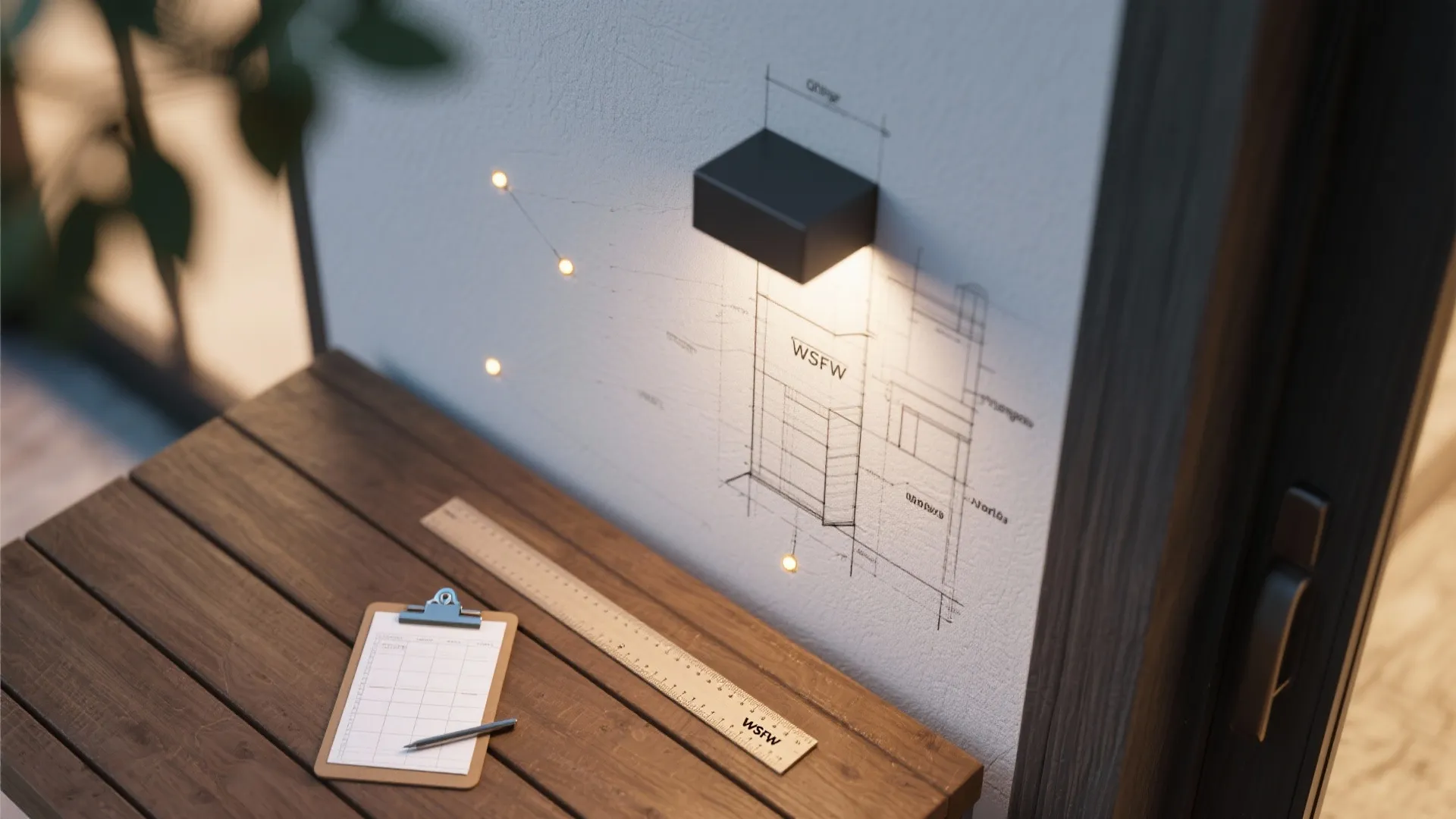 Interior design drawing on a wall with wall light beside a clipboard and wooden ruler