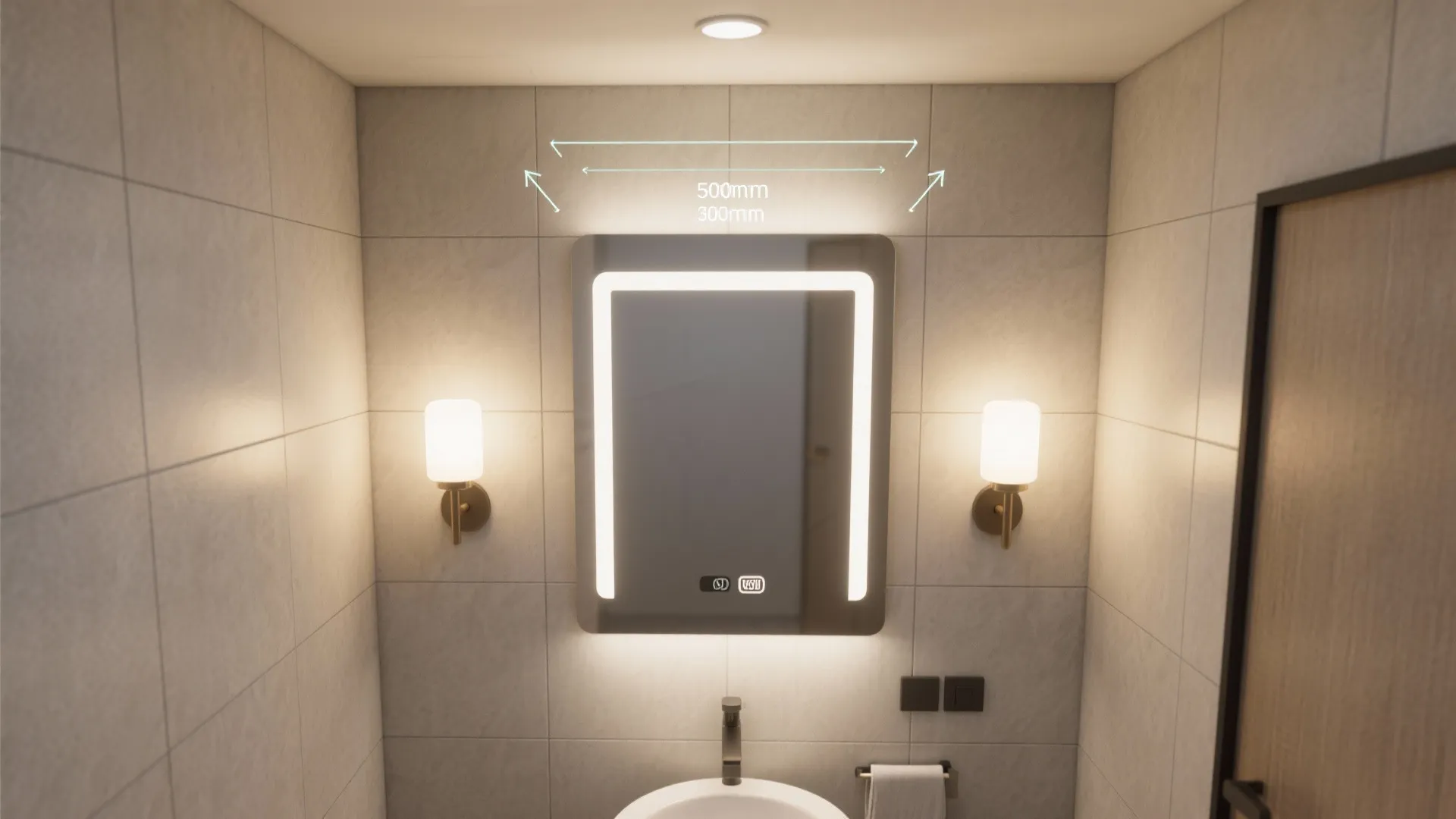 Modern bathroom mirror with built in LED lighting and two warm wall lights on tiles