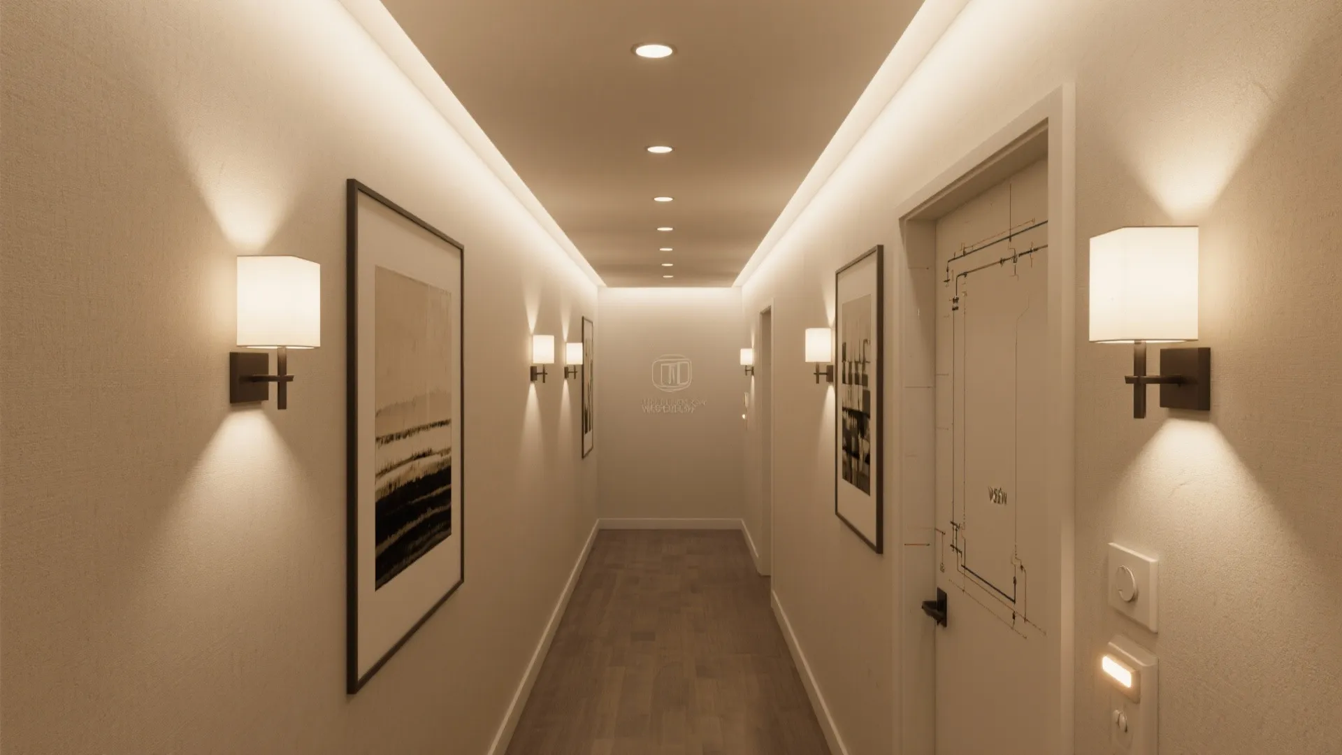 Long hallway with warm wall light fixtures framed art wood floor and recessed ceiling lights
