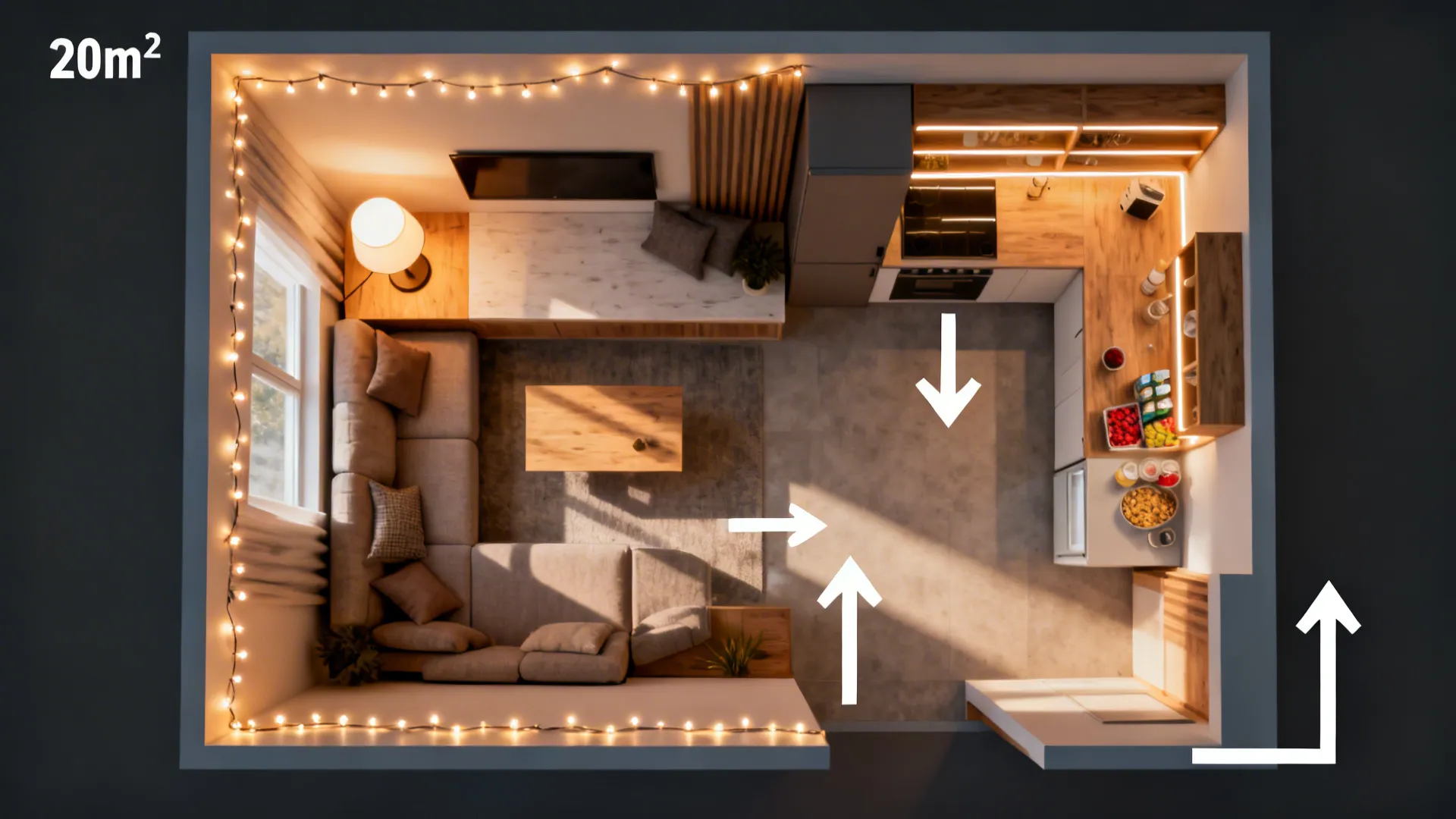 Top-down layout of a small studio with perimeter string lights, a table lamp, and LED strip for warm layered lighting.