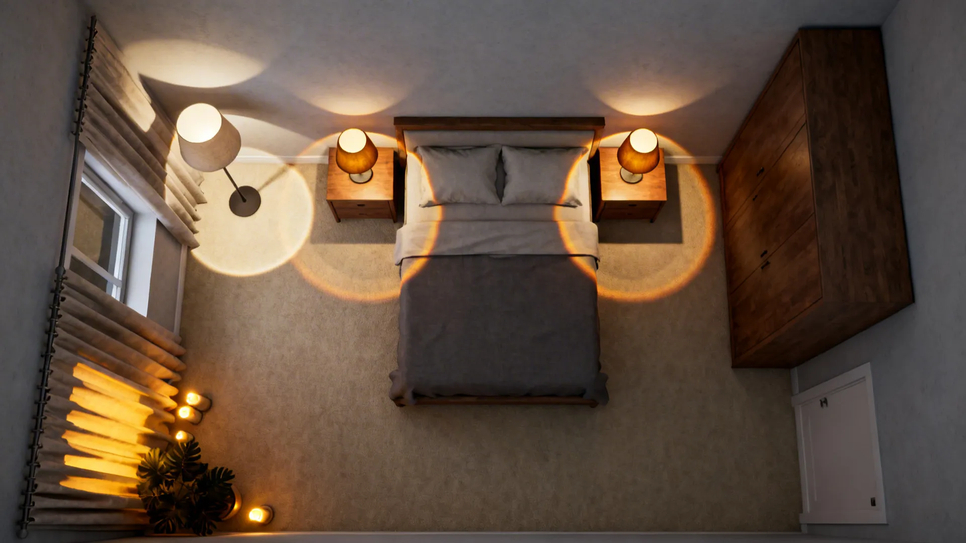 Top-down lighting plan showing floor and bedside lamps creating overlapping warm pools.
