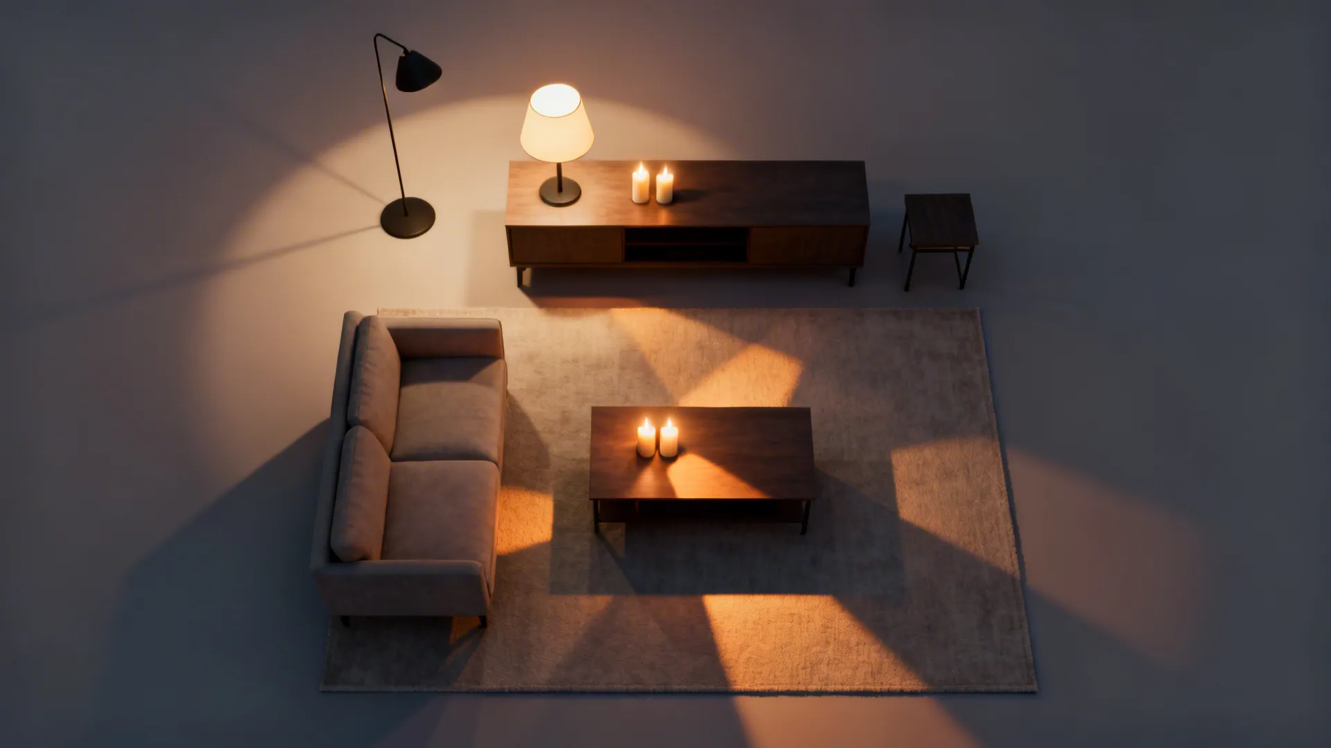 Top-down view of a small living room with three-layer warm lighting and grouped flameless candles.