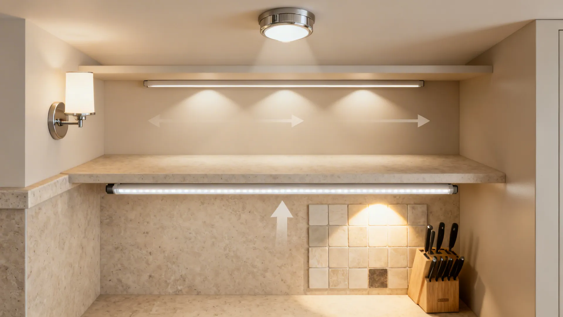 Top-down visualization of layered kitchen lighting with under-shelf strip and side sconce.