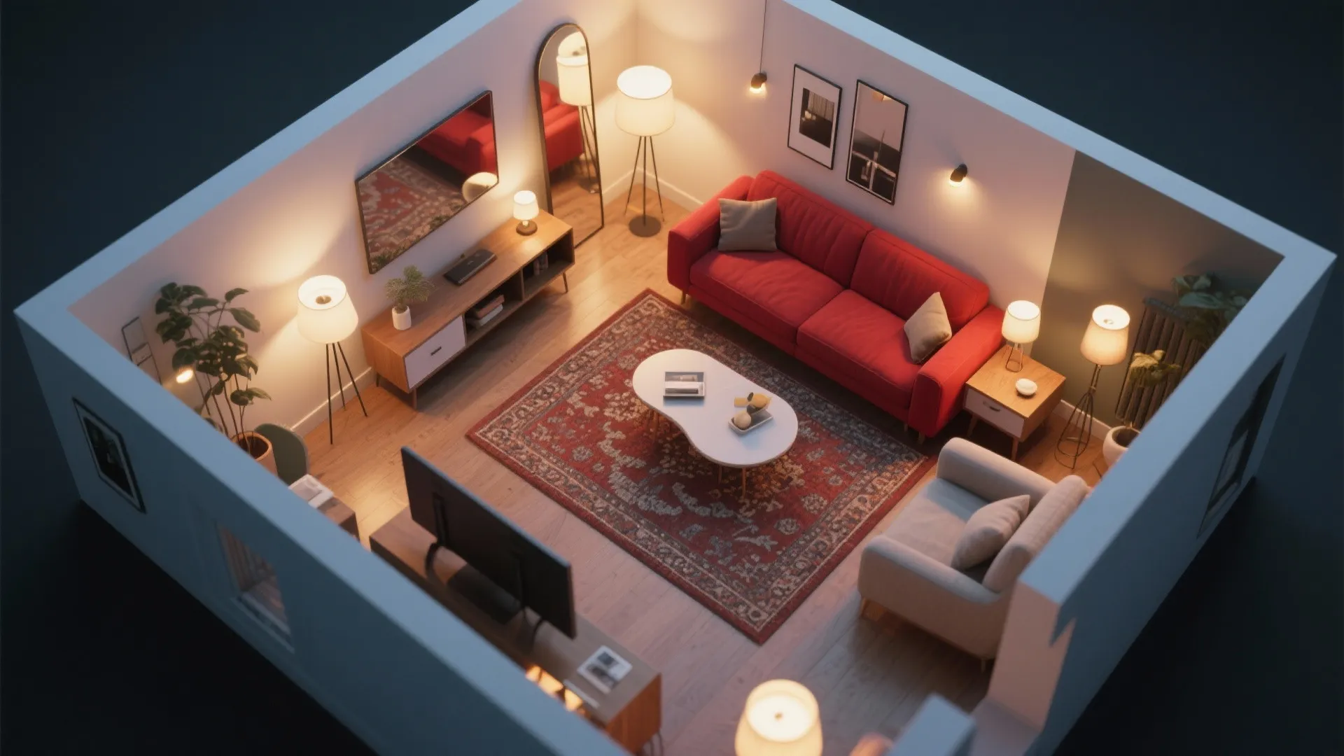Modern living room with red sofa wooden floor white coffee table and various warm lamps