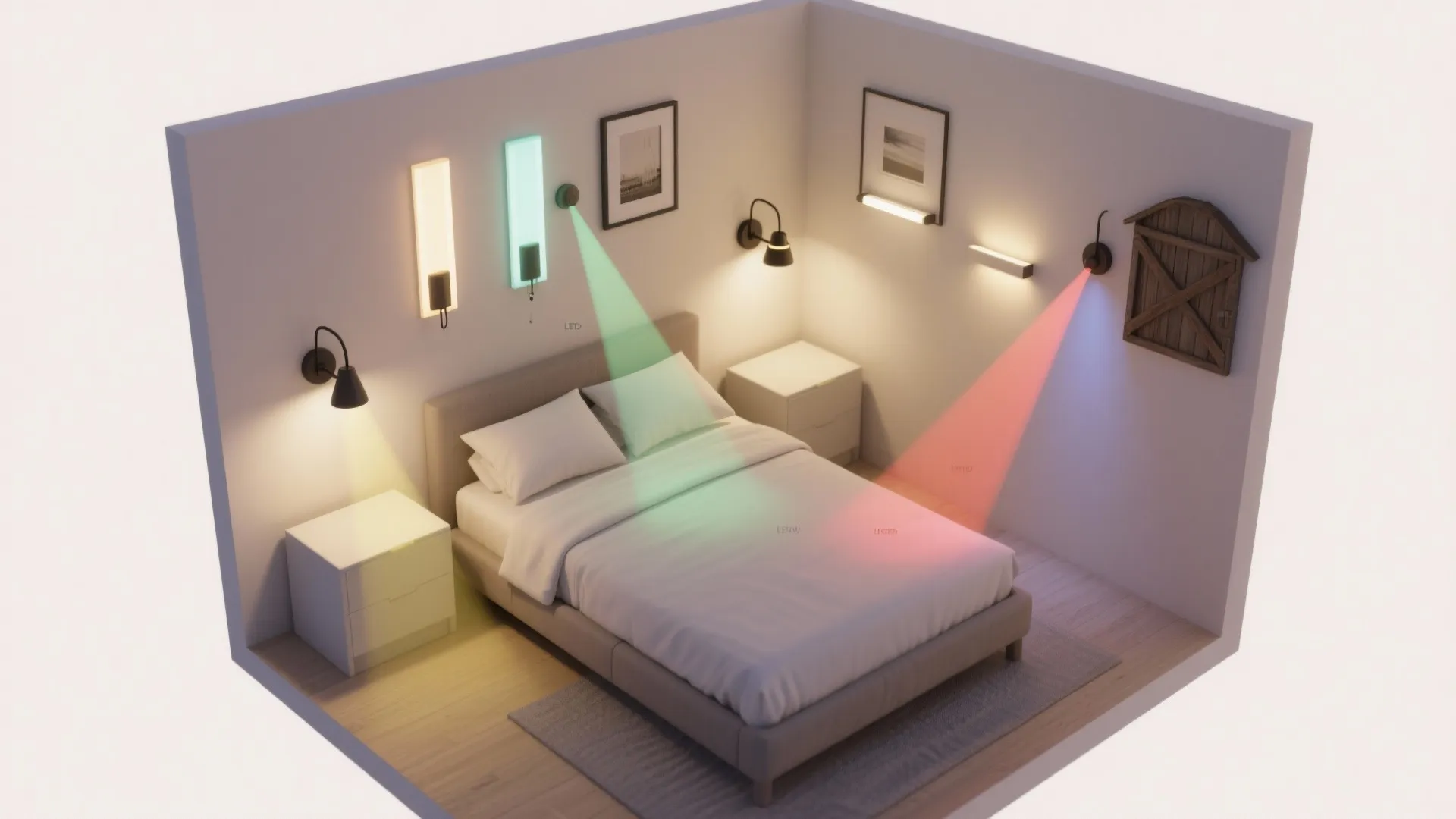 Top-down rendered bedroom plan showing suggested placements for several wall-mounted light types.