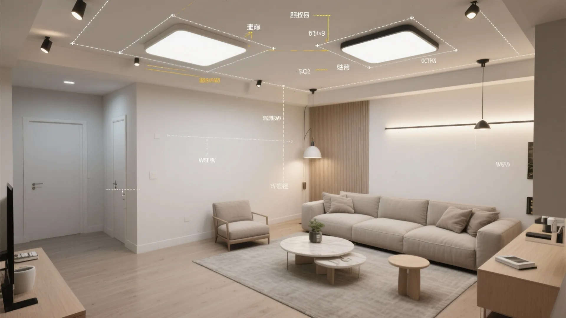 Interior design drawing showing ceiling light placement and measurements in a modern white living room