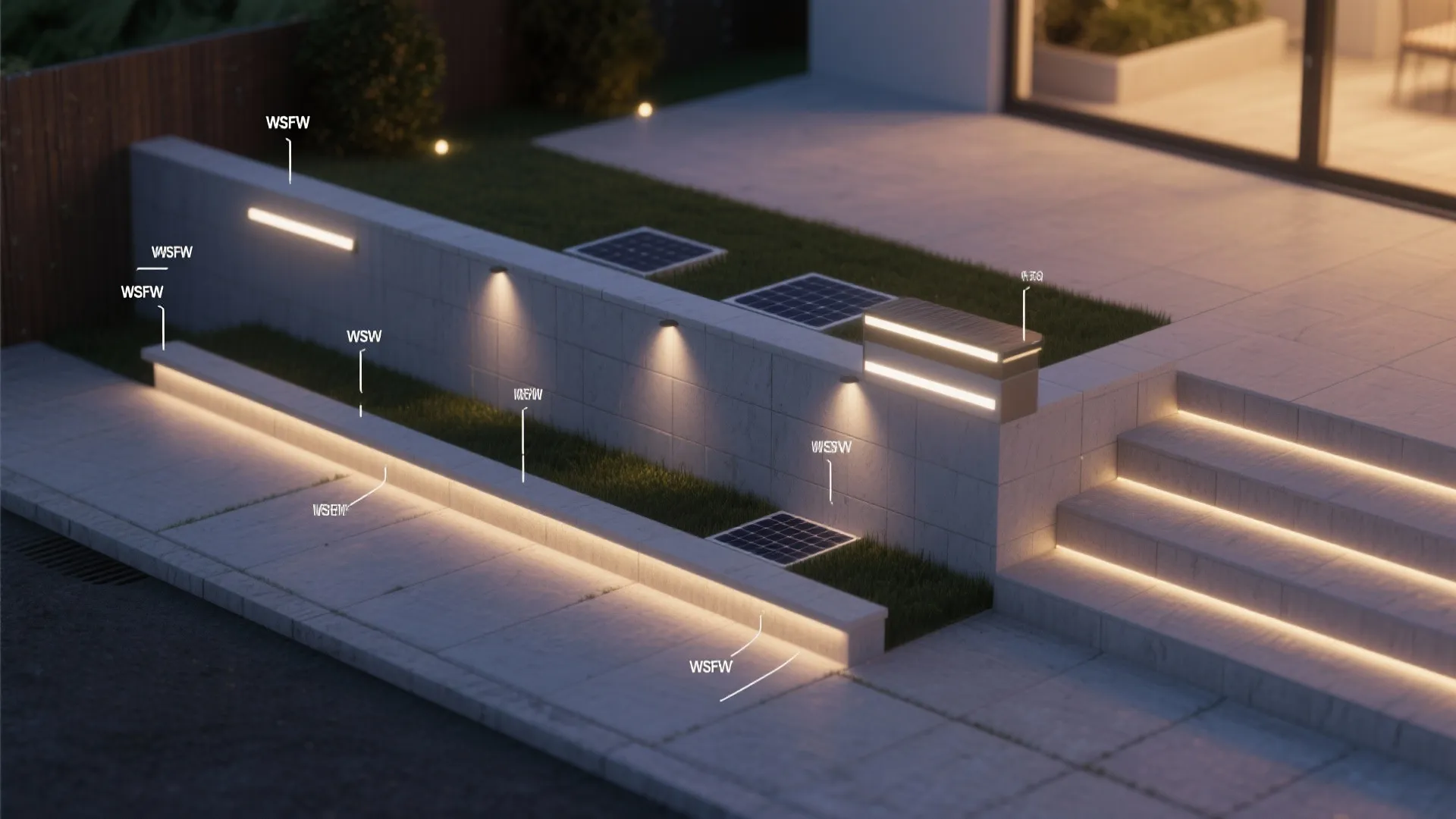 Modern garden lighting layout with strip lights on stone steps and small solar wall lights