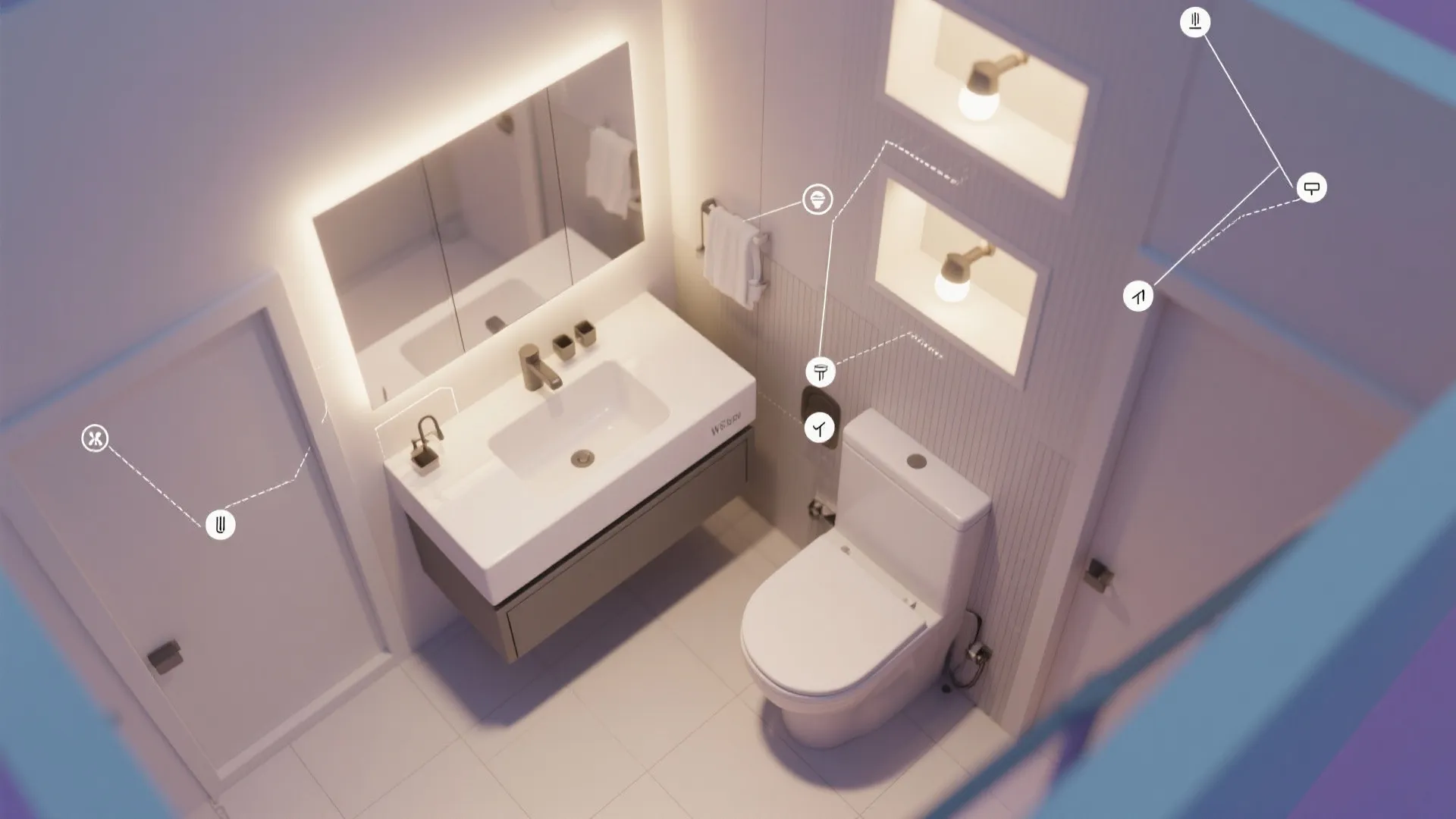 Top down interior design drawing of bathroom layout with sink toilet and wall light icons
