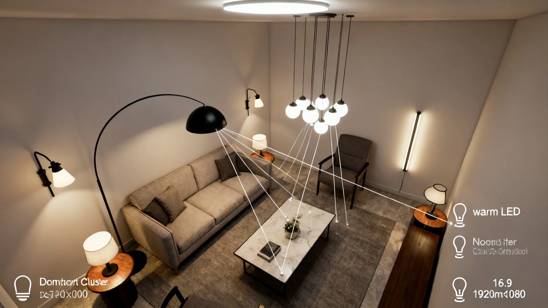 Top-down small living room layout showing layered black lighting zones and placement guidelines