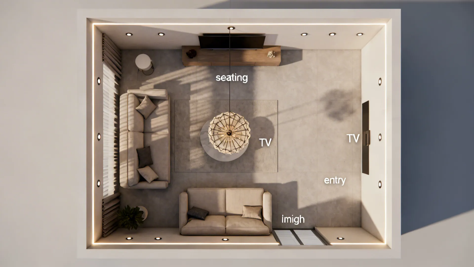 Top-down lighting layout for a small living room showing recessed lights, cove lighting, and a central pendant with dimming zones.