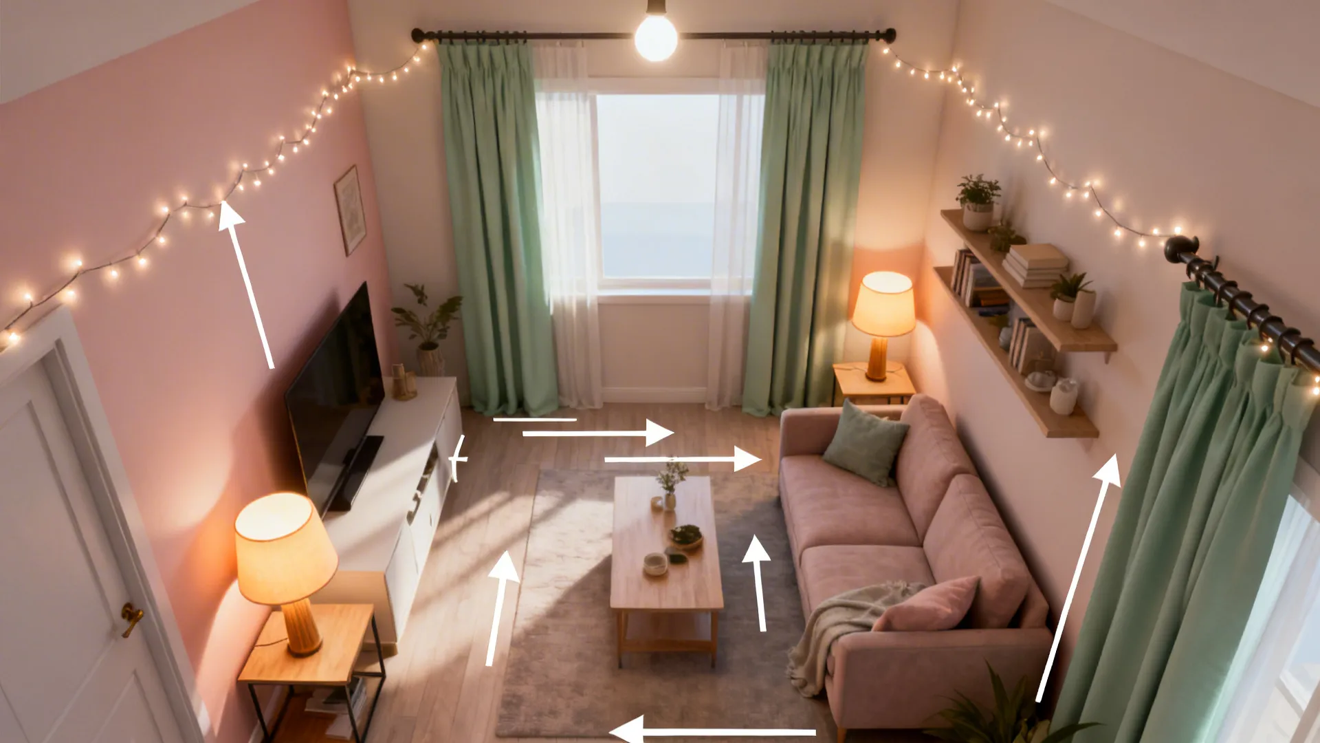Top-down view showing lamp, overhead bulb, and micro LED placements in a small living room.