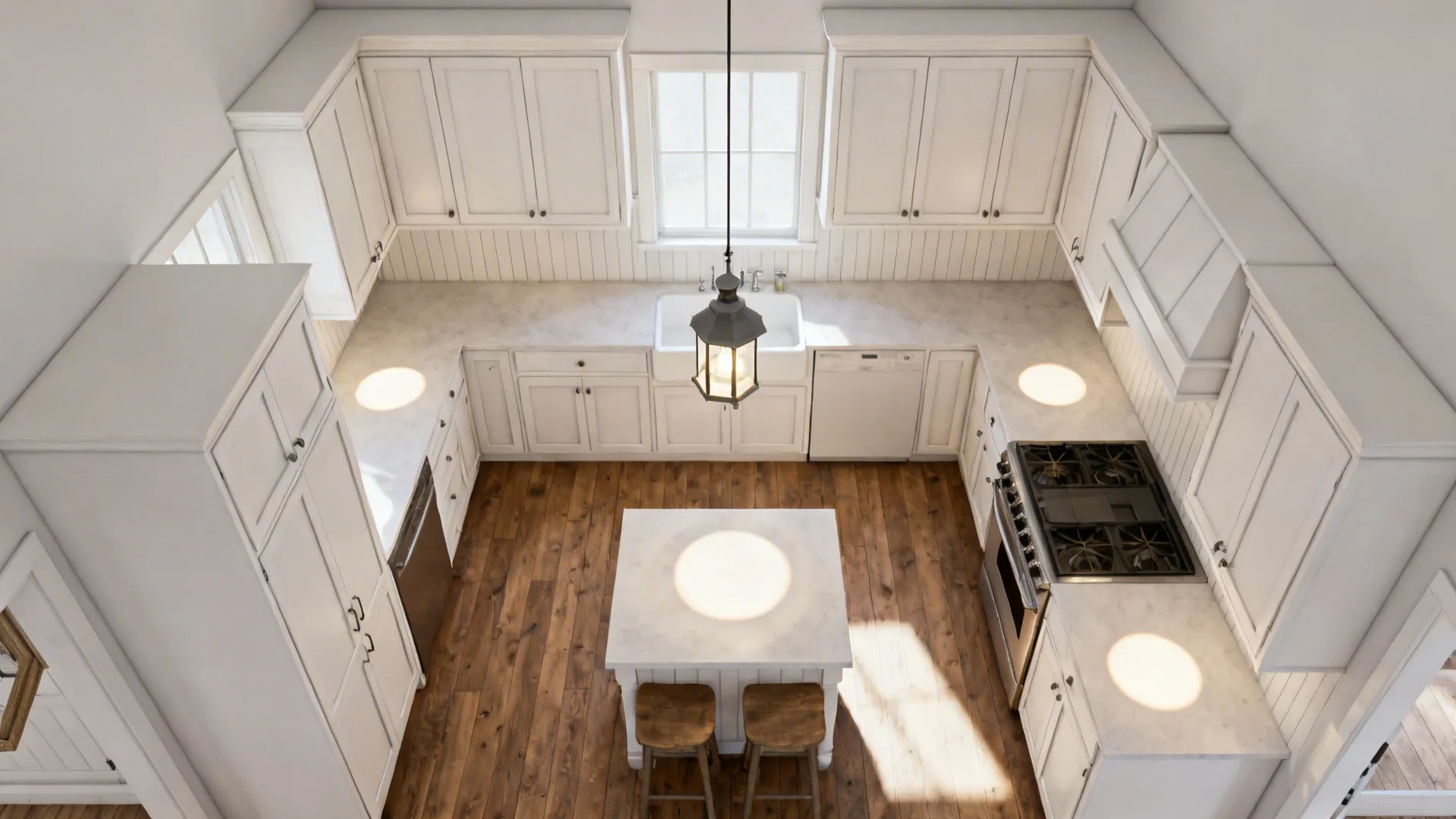 Top-down L-shaped small kitchen showing schoolhouse and lantern pendant positions with overlapping light pools.