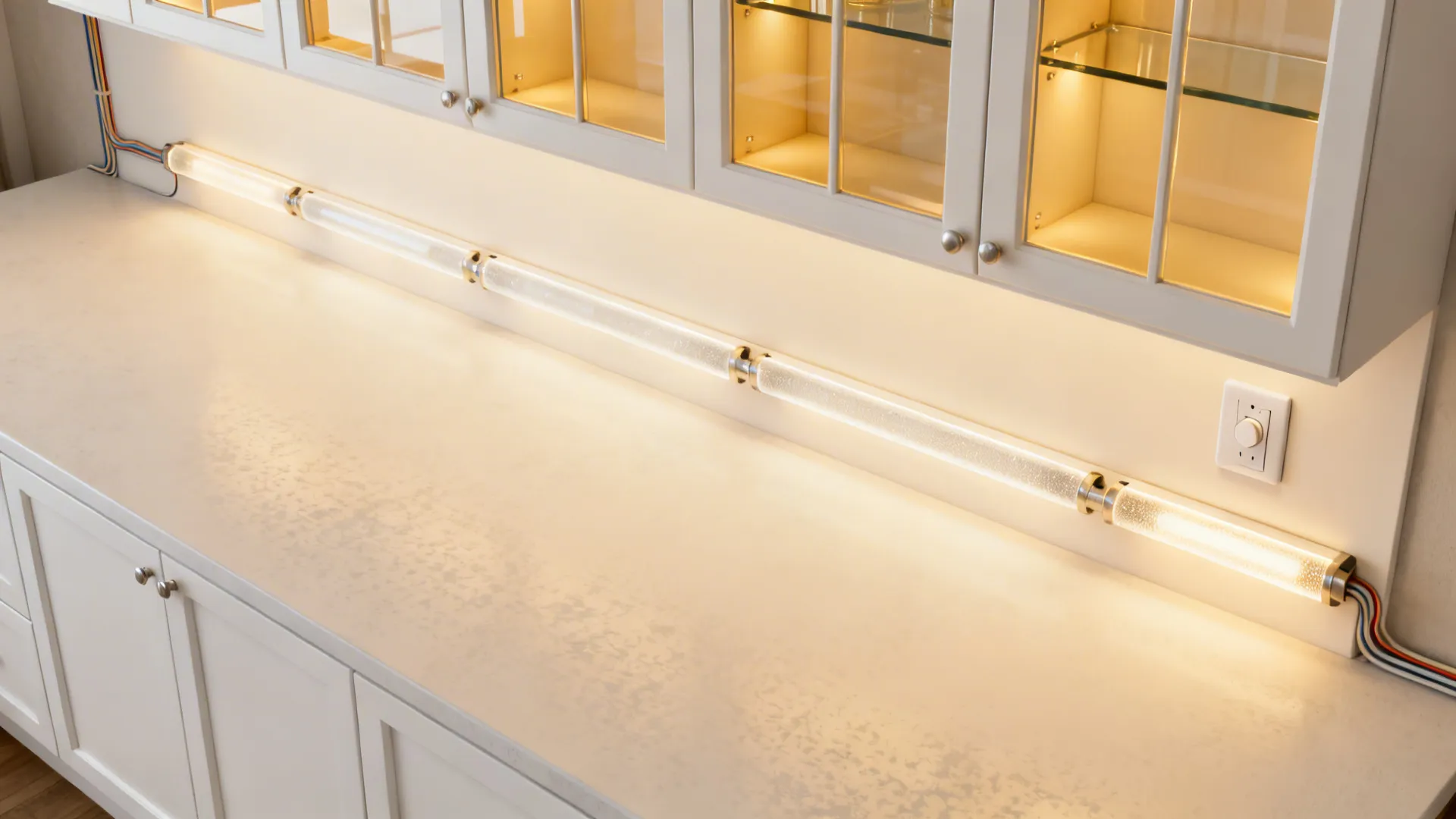 Top-down view indicating under-cabinet LED strip placement and glass upper lighting.
