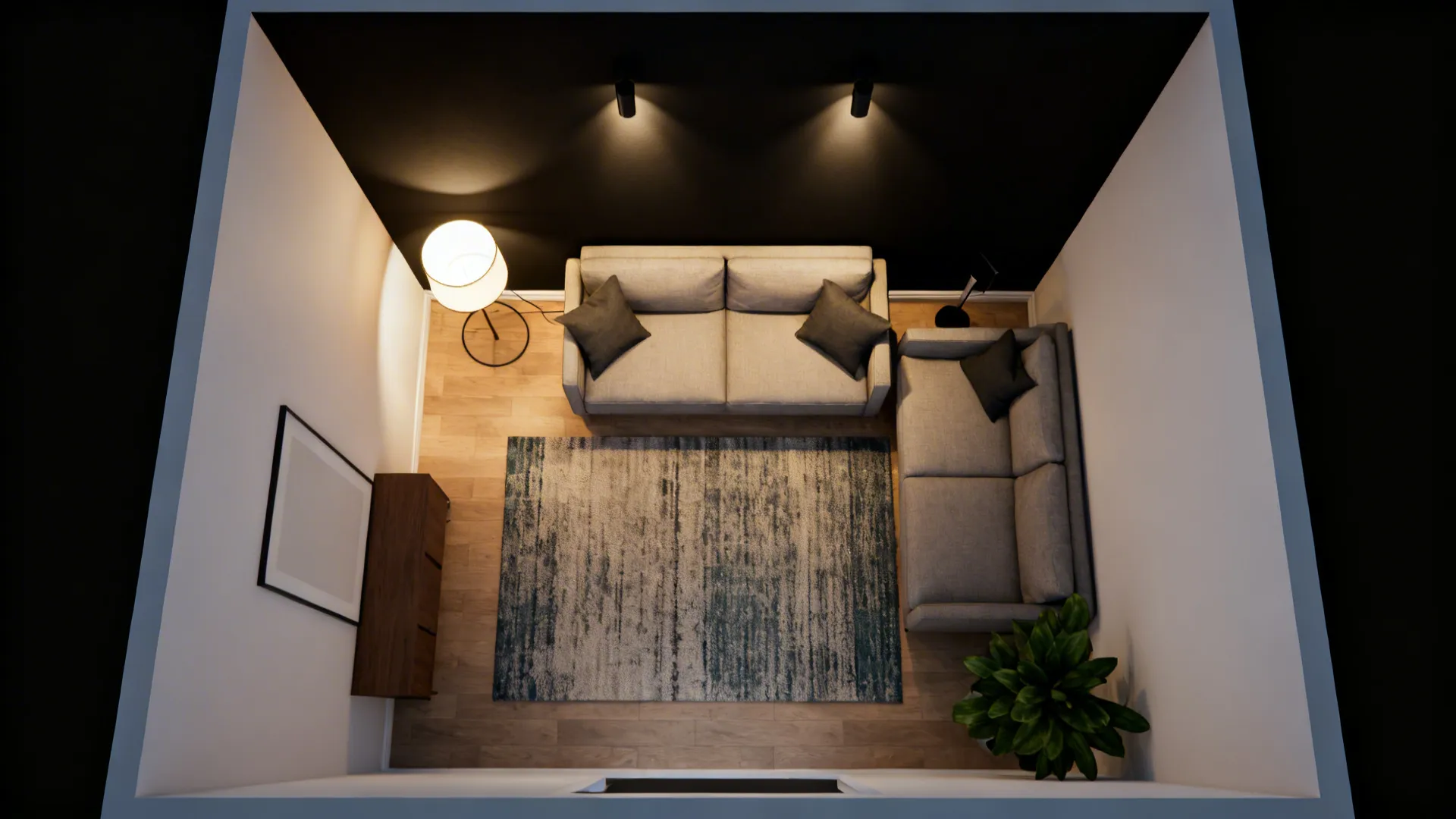 Top-down render of a small living room showing layered lighting plan and furniture layout.