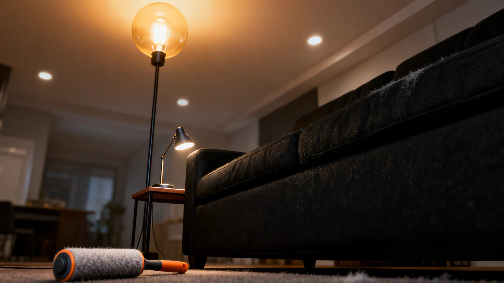 Layered lighting near a black sofa with visible fabric texture and lint roller.
