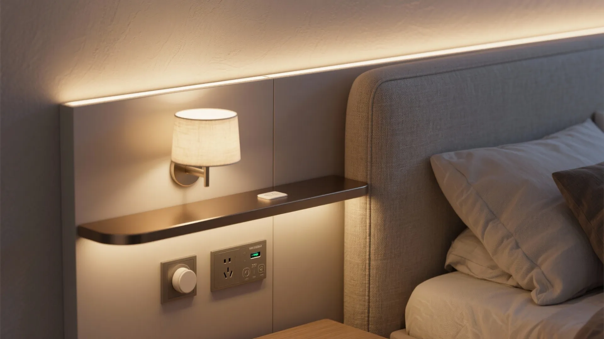 3) Integrated lighting and controls on the headboard wall: sleep-friendly and clutter-free