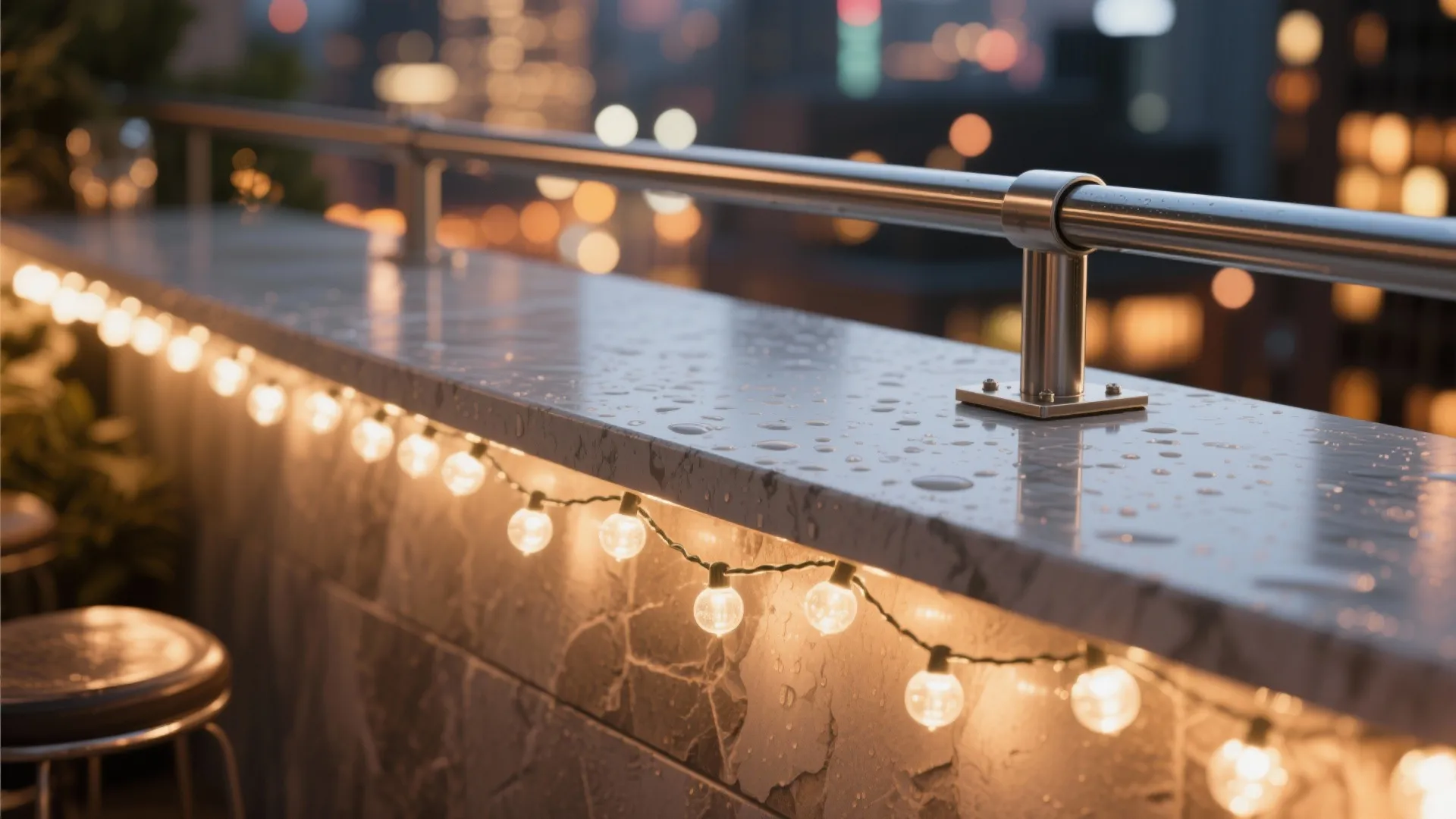 Modern outdoor balcony with marble ledge metal railing warm string lights and blurry city background