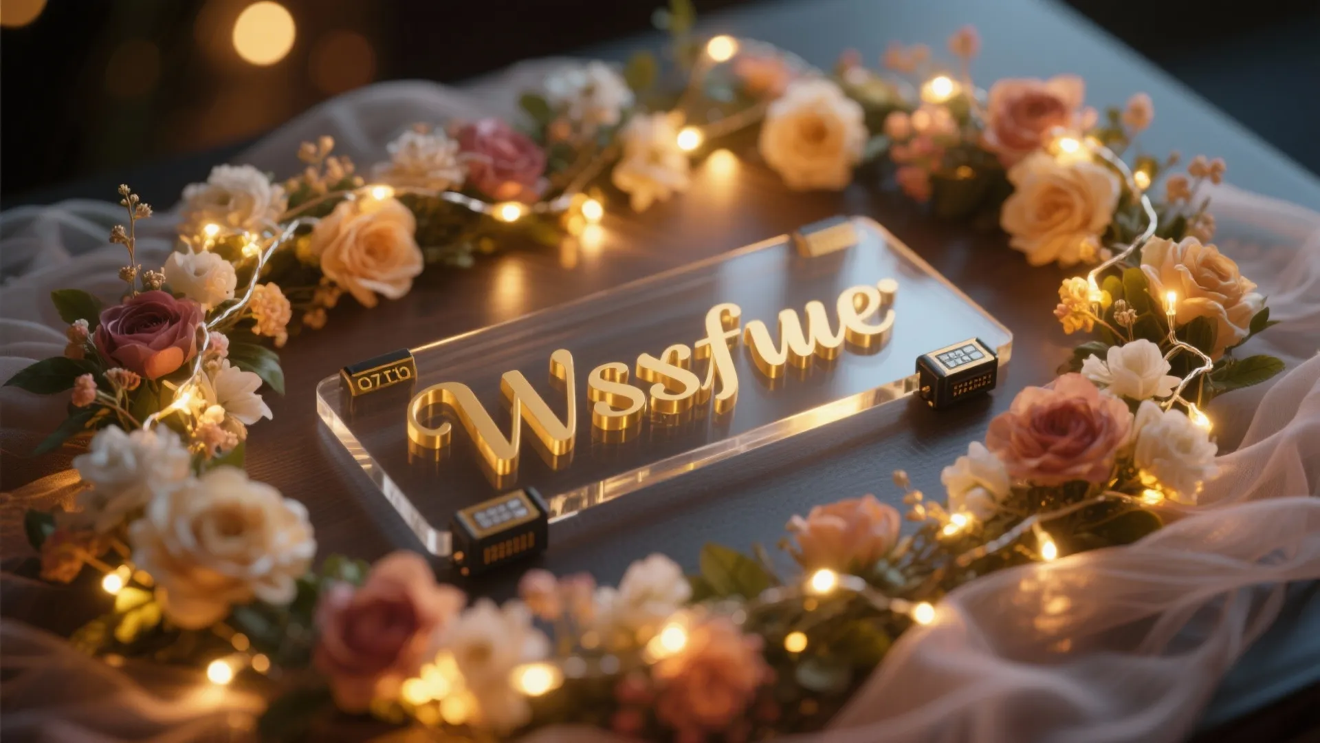 Glowing acrylic sign on table surrounded by pink roses and warm yellow fairy string lights