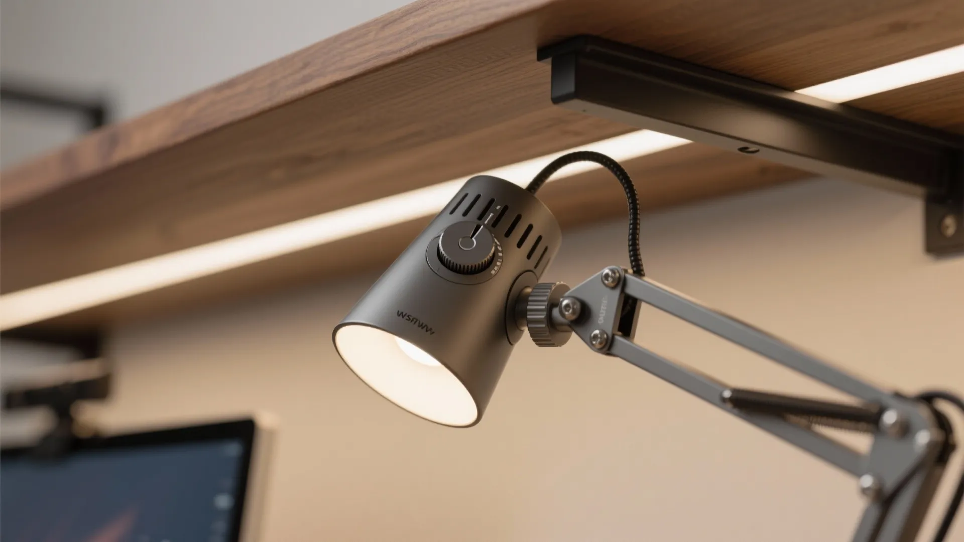 Close up of a gray adjustable desk light fixture attached to a wooden shelf with light