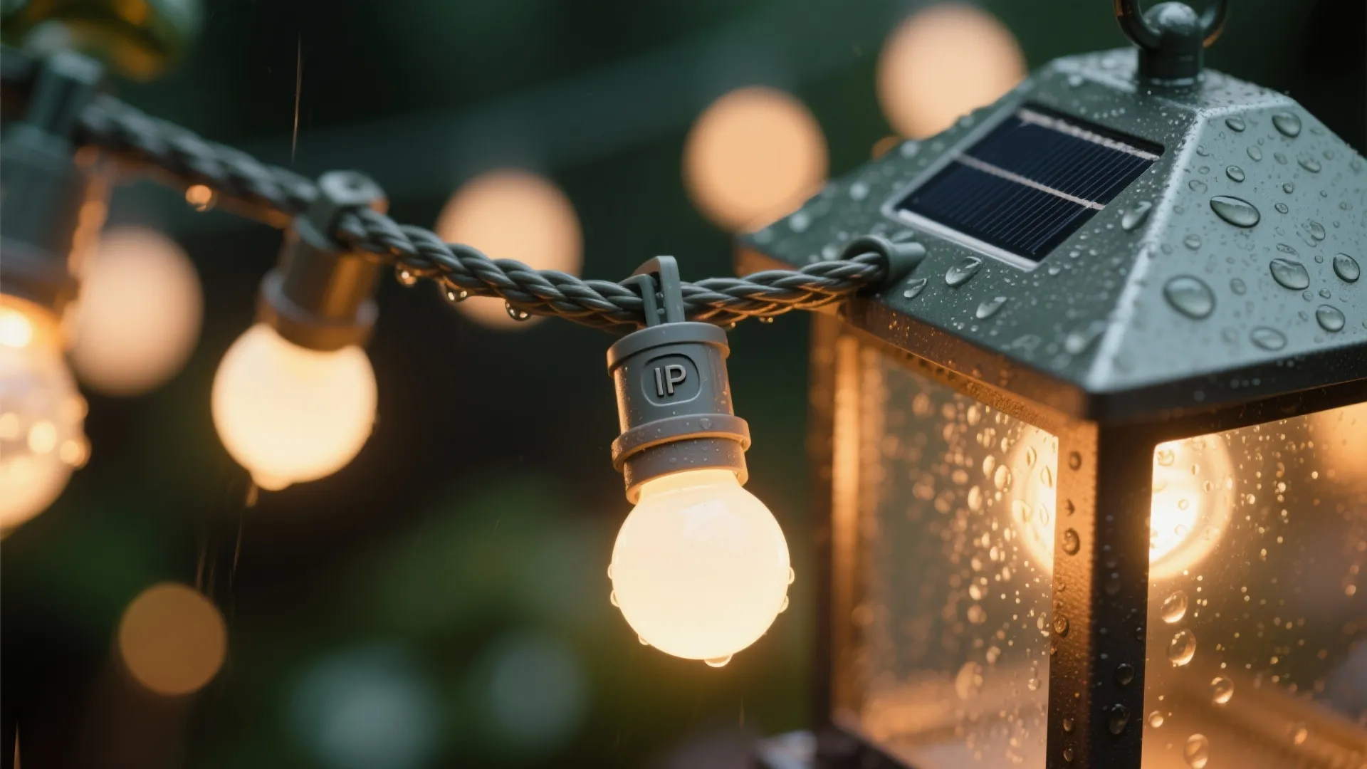 Close-up of warm-white LED string and solar lantern with weatherproof details.