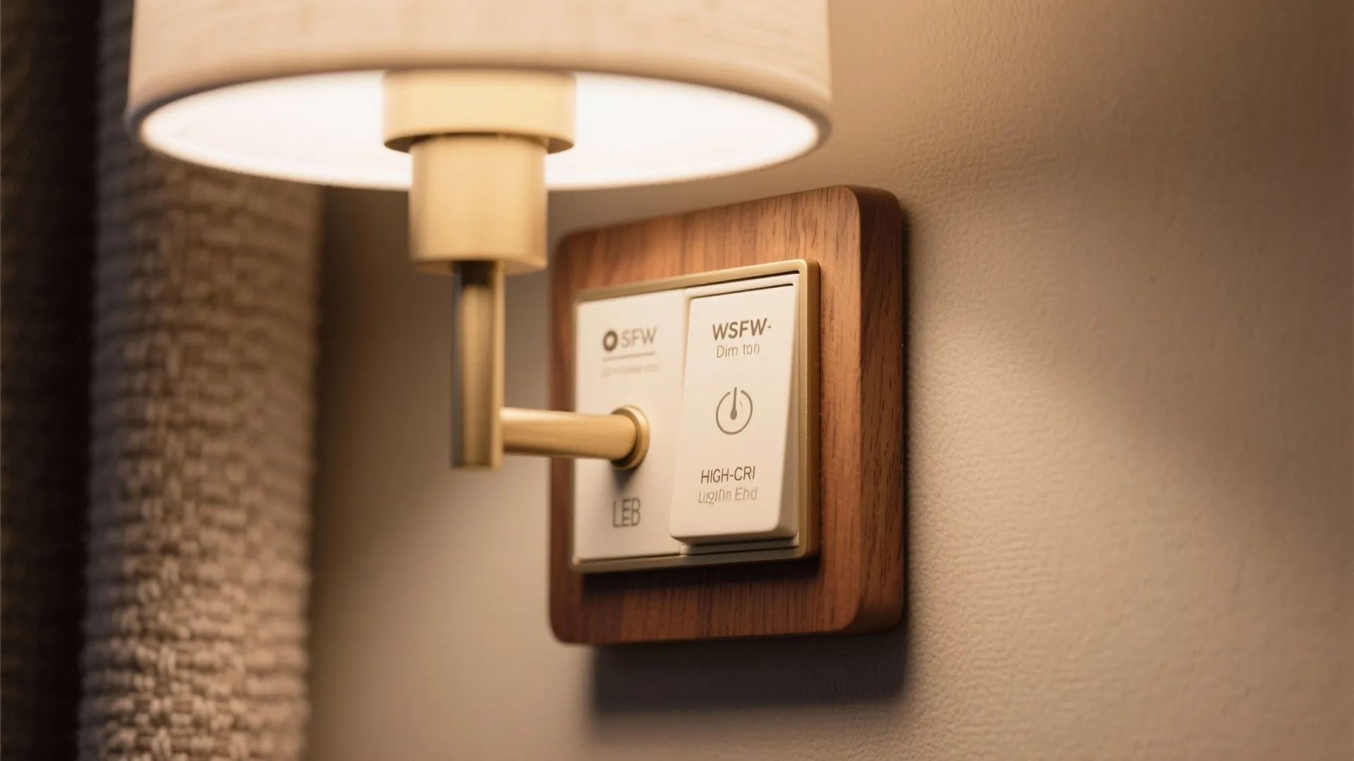 Wall light with white shade fixed on wooden panel showing simple white light power switch