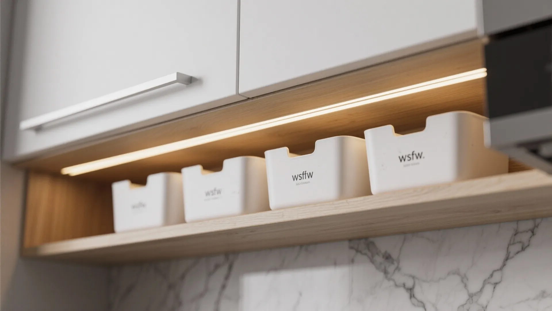 Under-cabinet wooden shelf with led light strip holding small white storage boxes in a kitchen