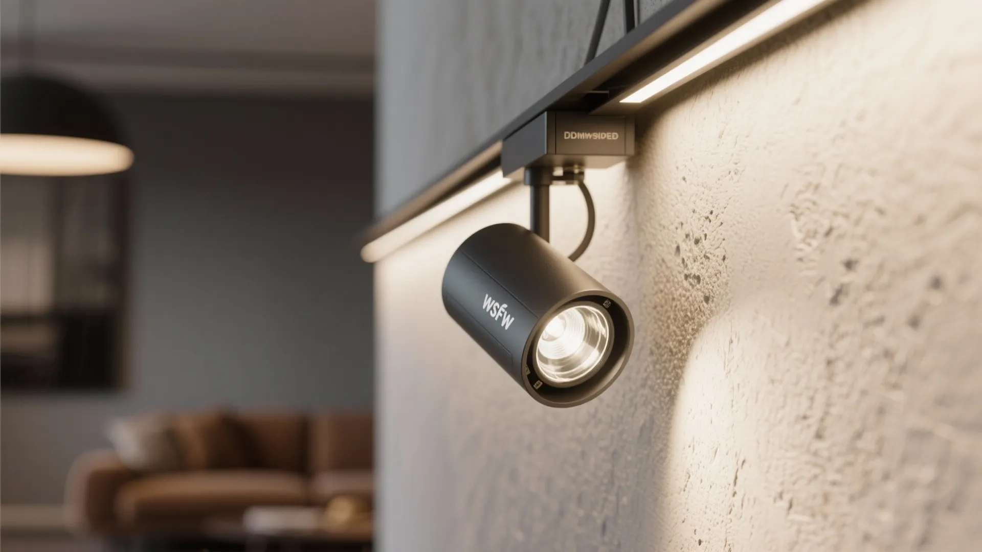 Macro of dimmable LED track head and wall washer highlighting a textured wall.