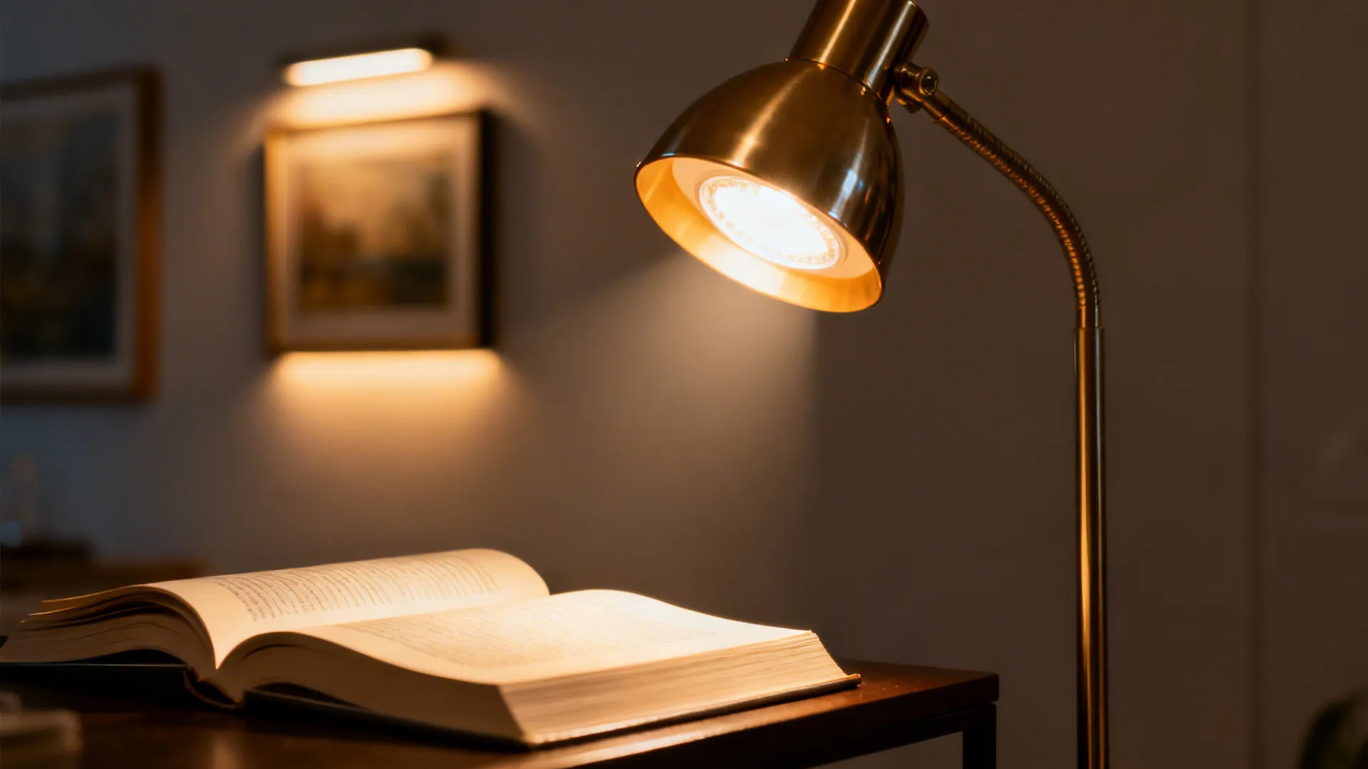 Macro of a warm LED floor lamp illuminating a book with art softly lit behind.
