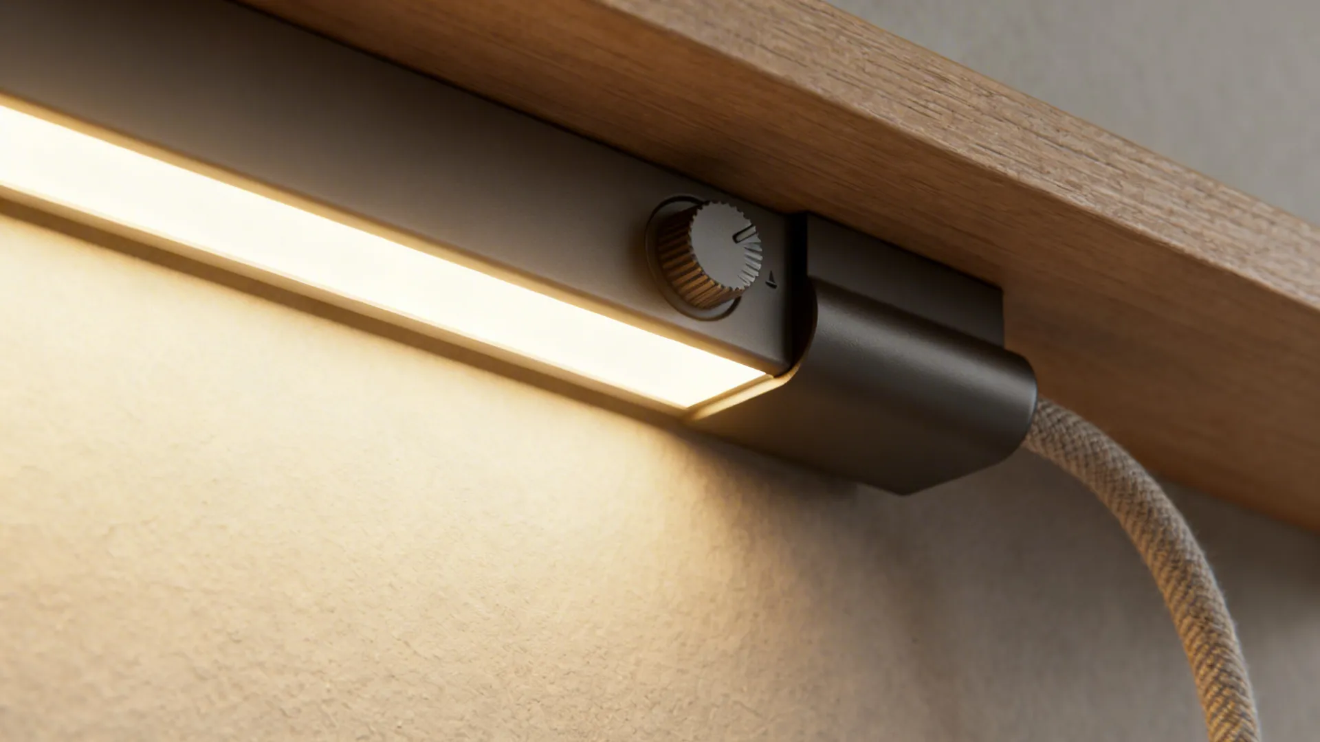 Macro of an LED strip diffuser, cord cover fabric, and a dimmer with a matte task lamp joint.