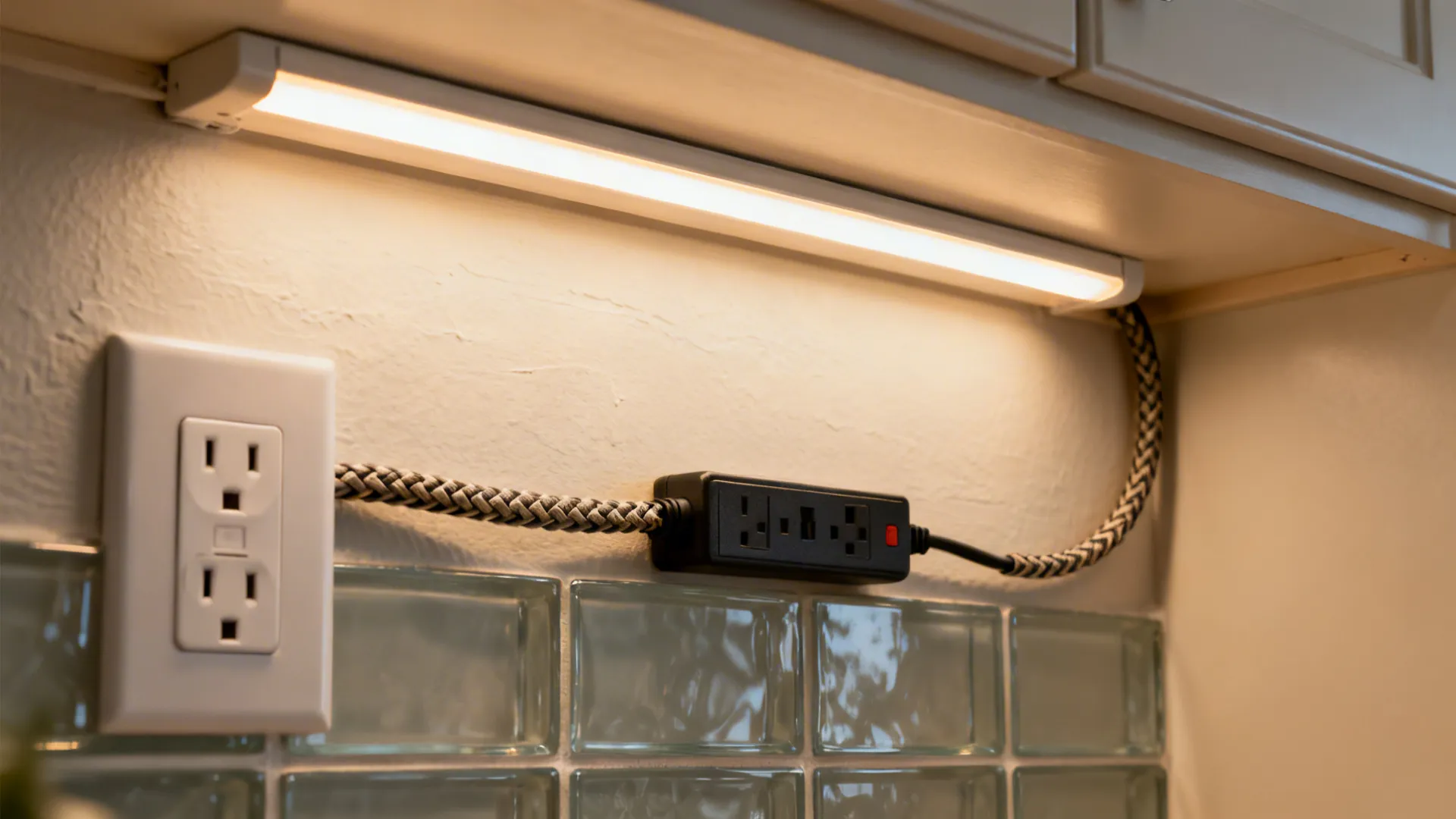 Macro of an under-cabinet LED strip with diffuser near a protected outlet and tidy cables.