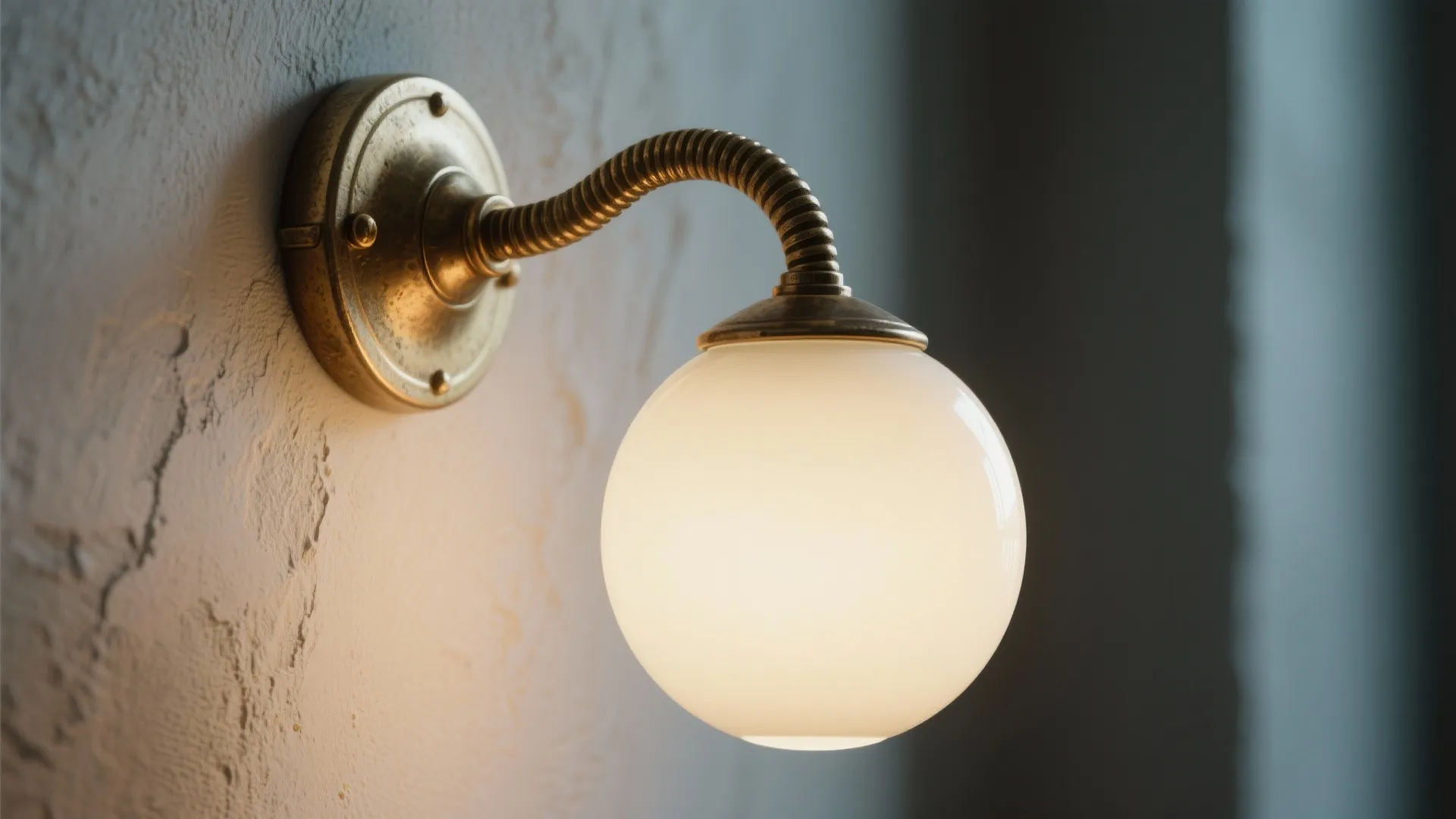 Round white globe wall light fixed on a textured wall providing warm glow for interior rooms
