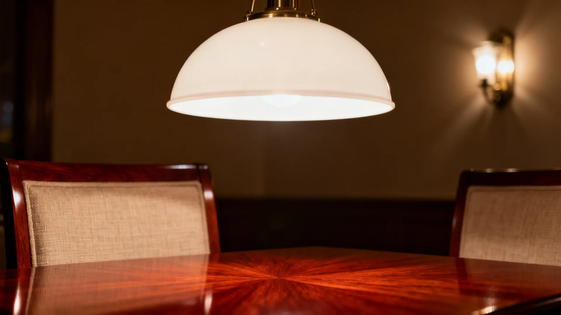 Close-up of warm pendant glow on a satin cherry tabletop with linen texture visible.