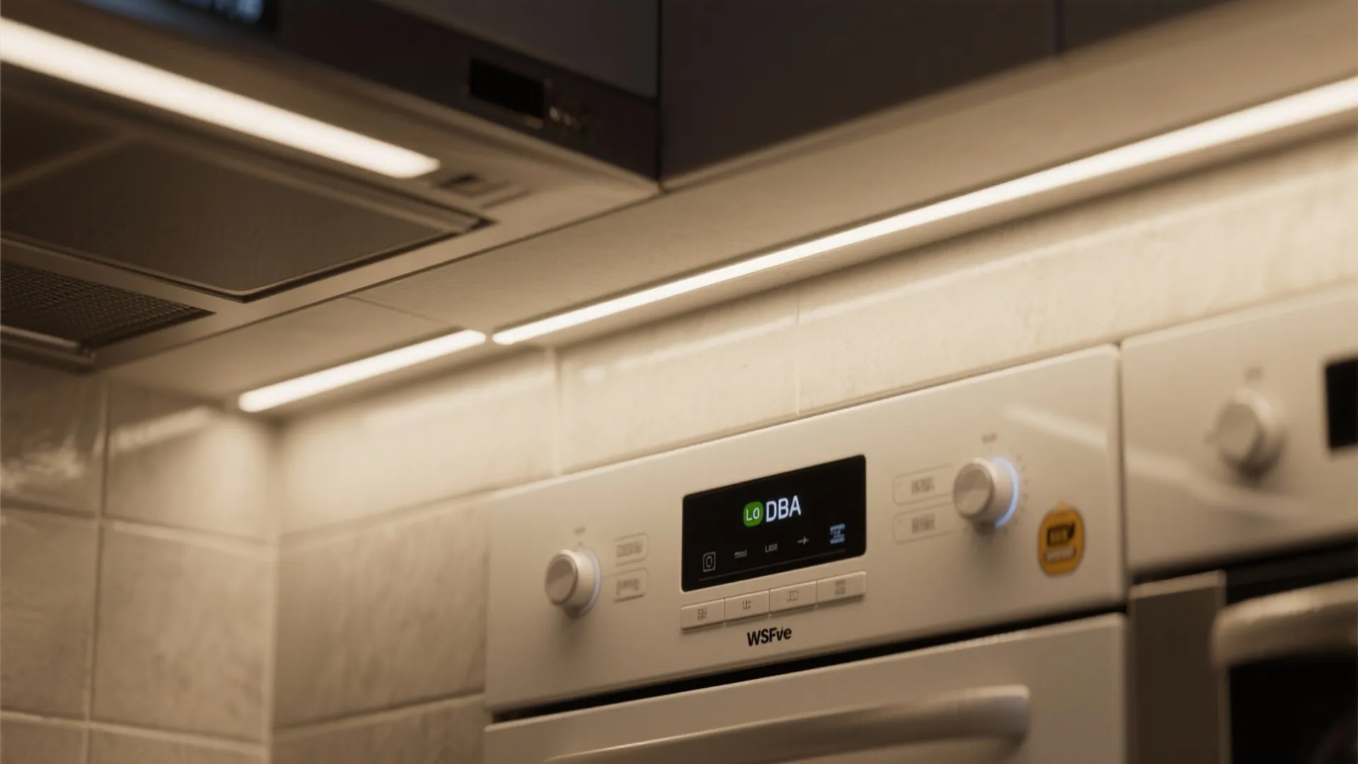 Close up view of white oven control panel under bright strip light in modern kitchen