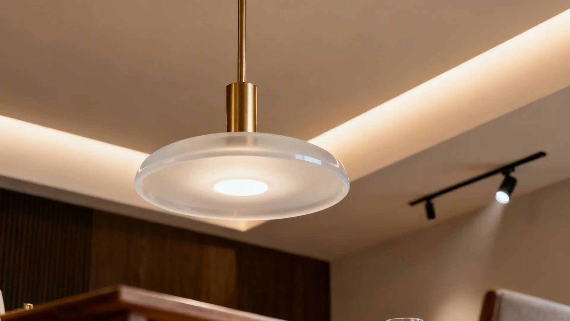 Macro of a low-glare chandelier with brushed brass and soft cove light on a smooth ceiling.