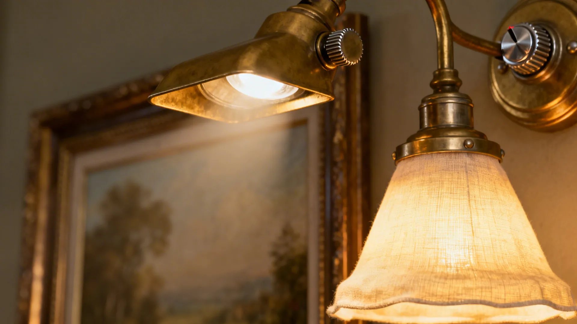 Macro of a brass picture light, glowing linen pendant, and a dimmer switch in warm light.