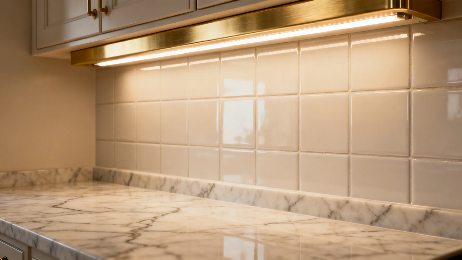 Macro of under-cabinet LED casting warm light on glossy tiles and quartz counter.