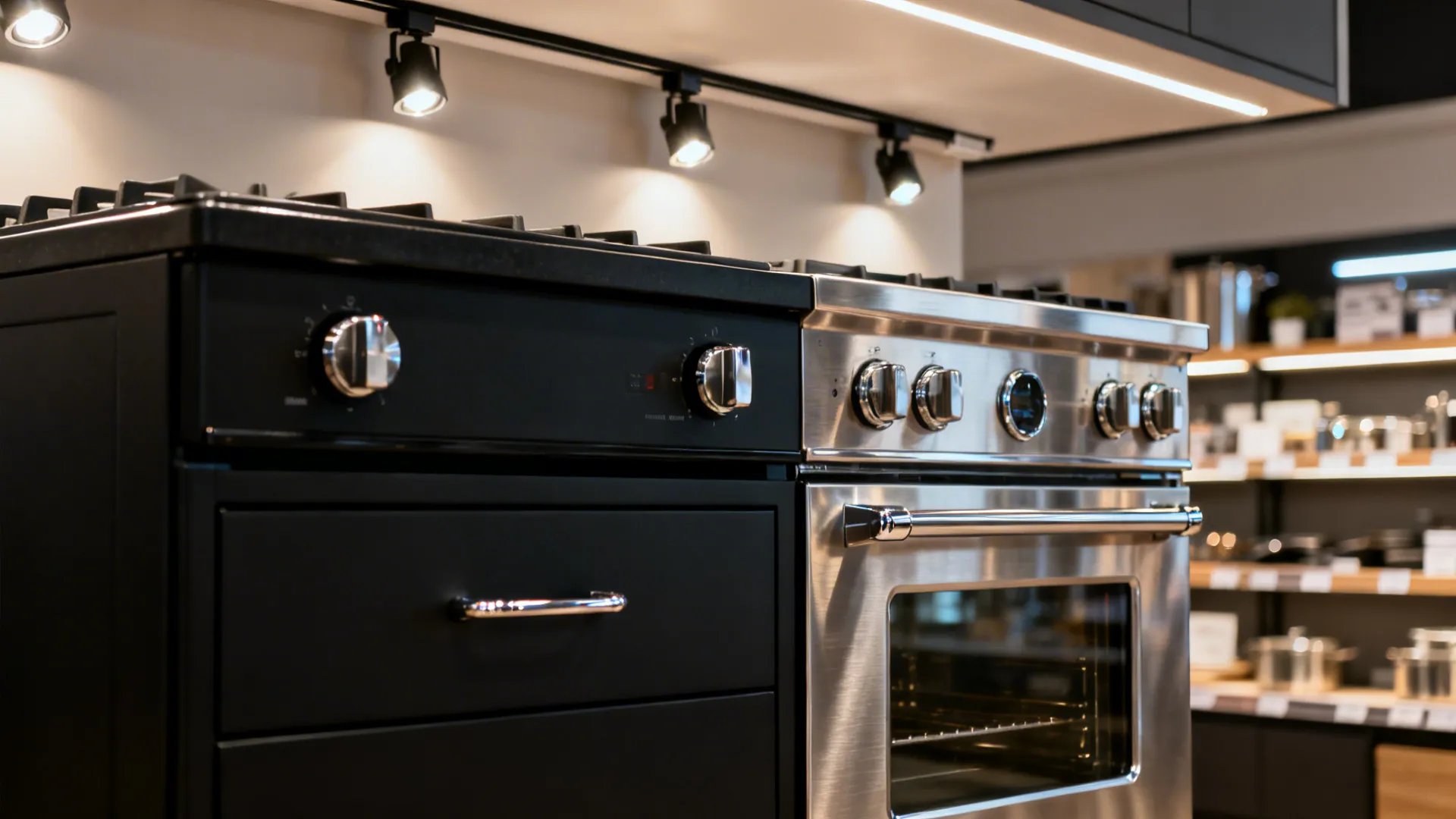 Macro view of layered lighting revealing stainless texture, chrome highlights, and matte black finish.