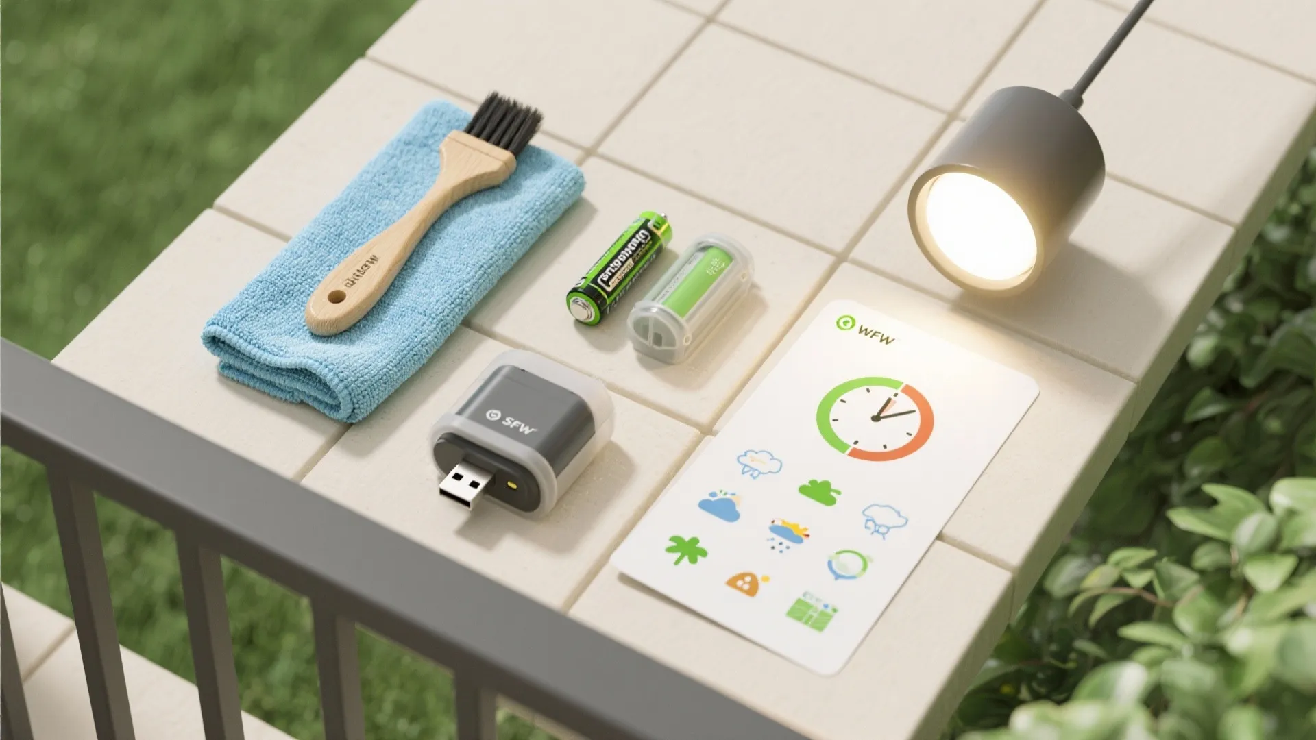 Outdoor maintenance kit featuring a brush blue towel batteries and a small black light fixture