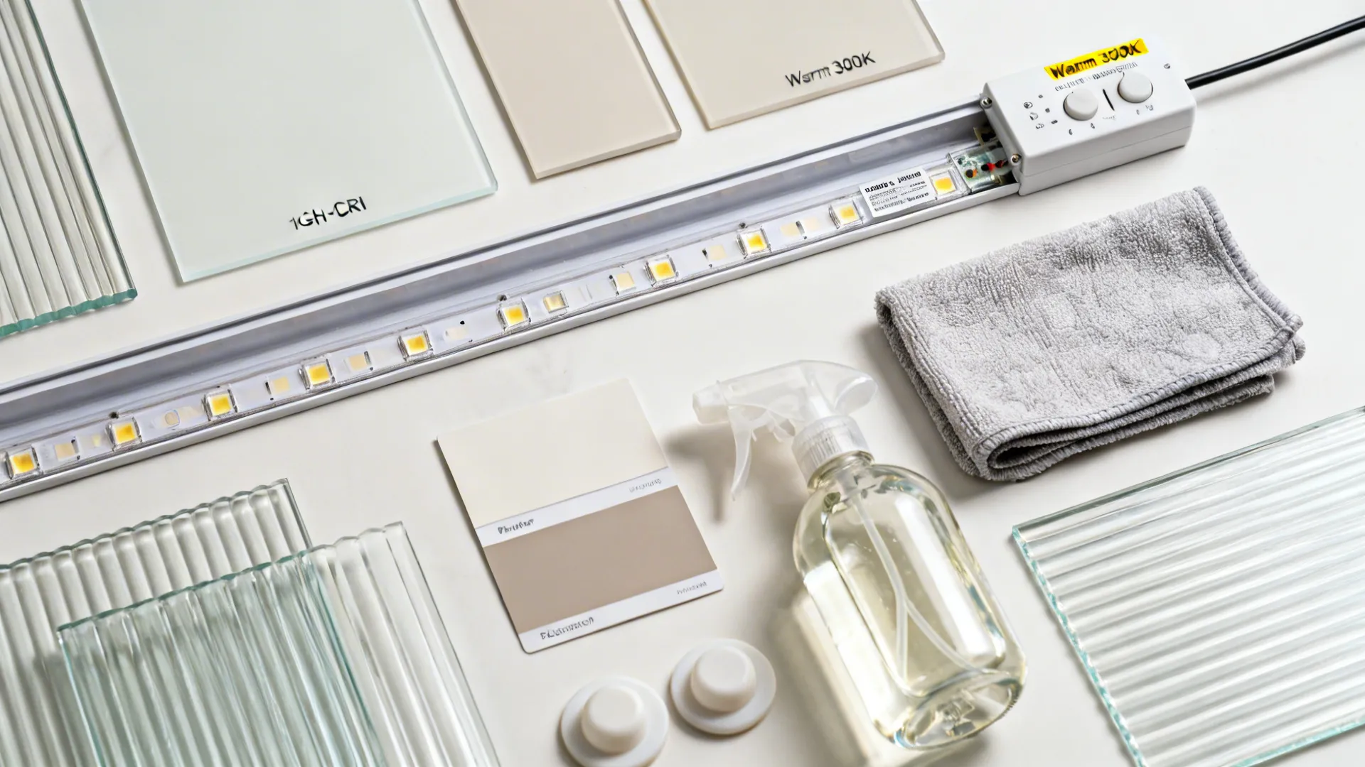 Flatlay of high-CRI LEDs, dimmer, diffuser channel, microfiber cloth, bumpers, and glass samples for kitchen shelves.