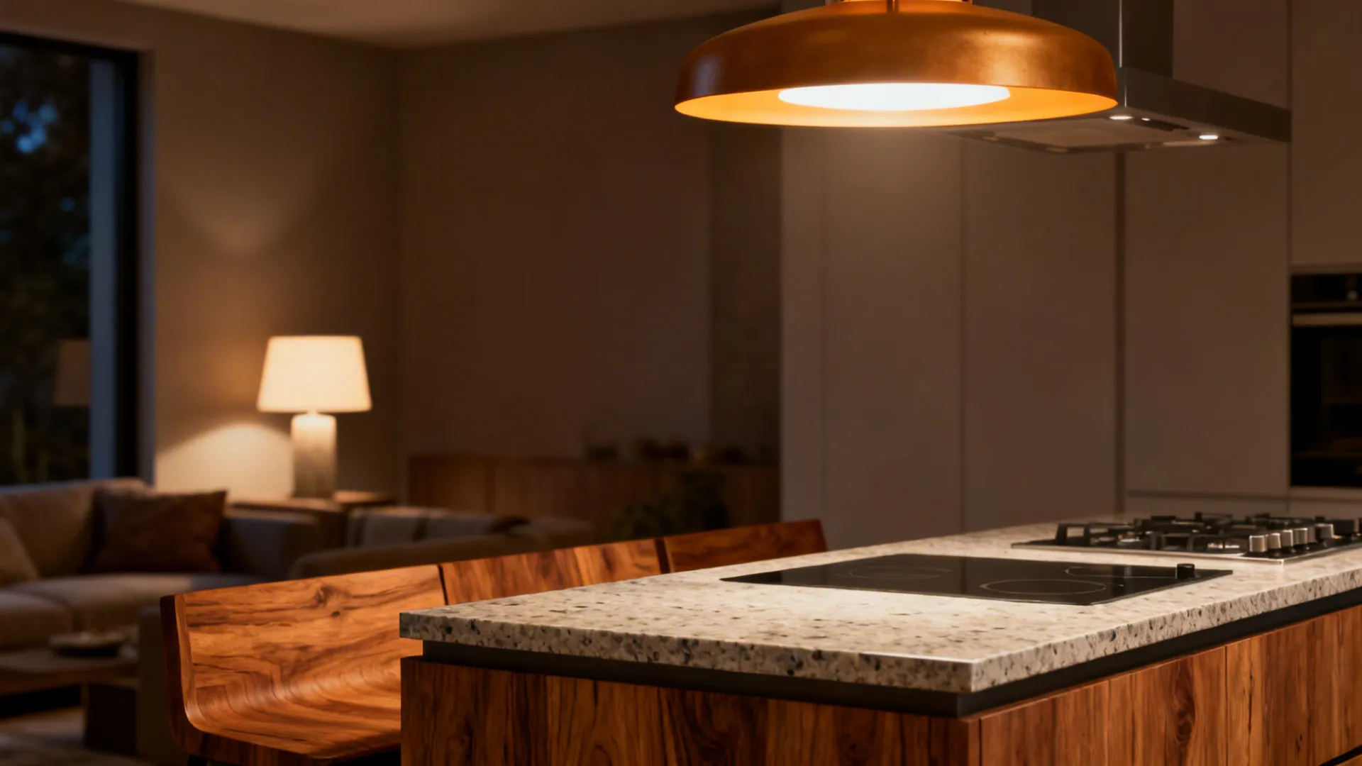Layered lighting and contrast between wood seating and quartz kitchen surface