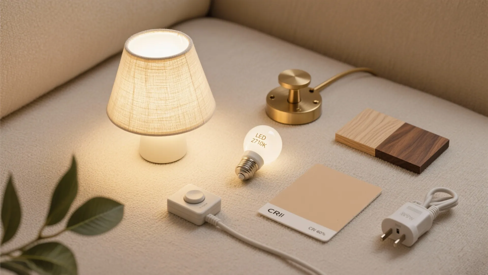 Small table lamp light bulb switch and wood samples organized on a soft beige surface